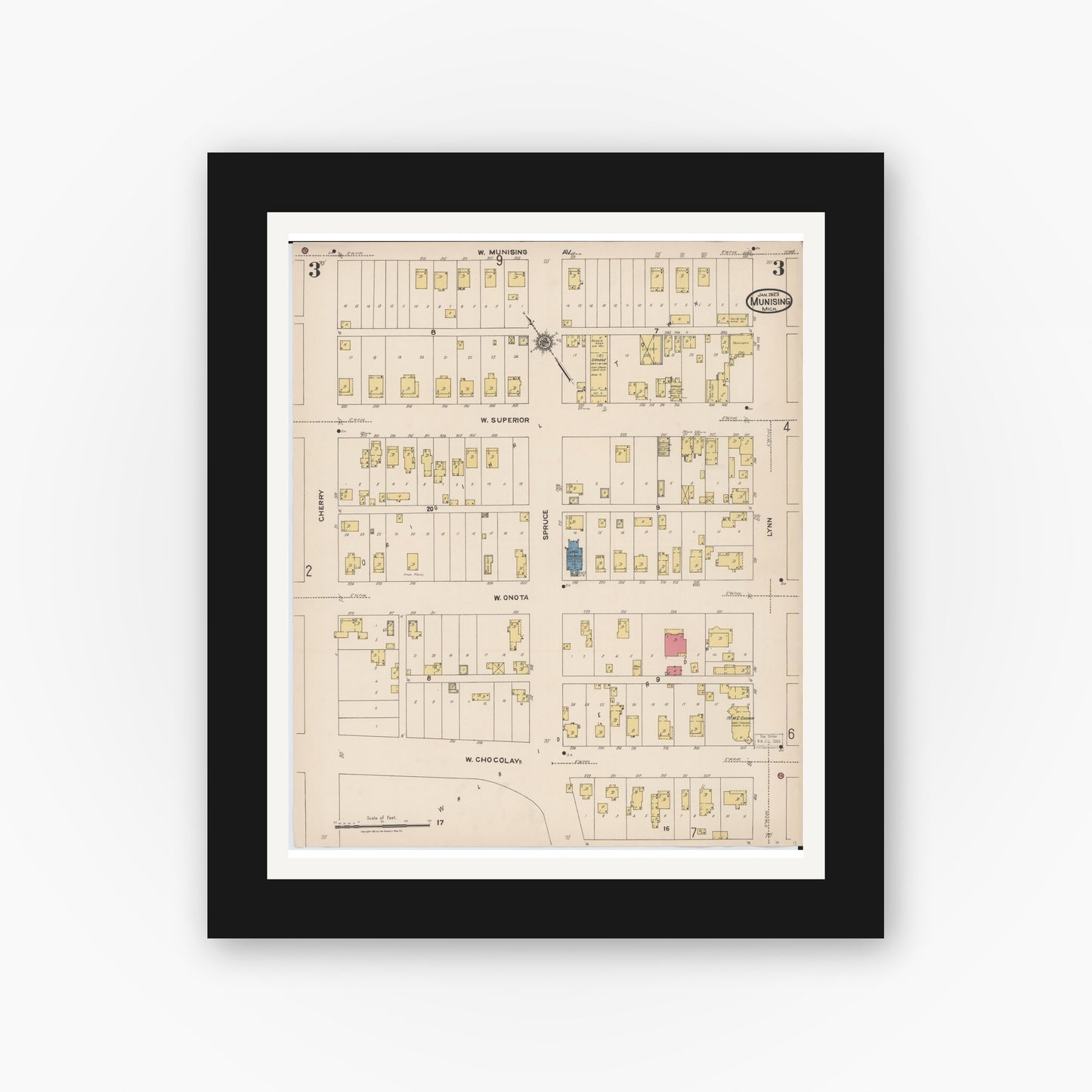 Old map wall art mockup — black gallery frame with white mat — Sanborn Fire Insurance Map from Munising, Alger County, Michigan (1923), Sheet #0003