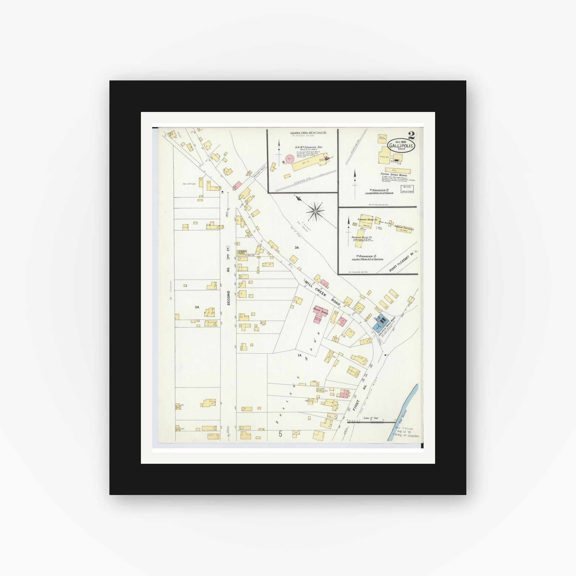 Old map wall art mockup — black gallery frame with white mat — Sanborn Fire Insurance Map from Gallipolis, Gallia County, Ohio (1908), Sheet #0002