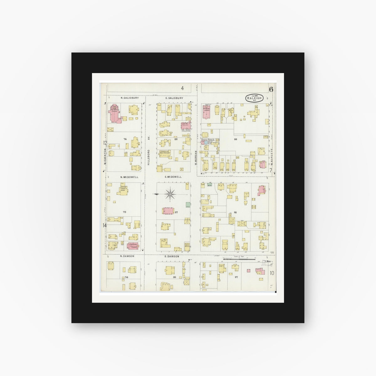 Old map wall art mockup — black gallery frame with white mat — Sanborn Fire Insurance Map from Raleigh, Wake County, North Carolina (1896), Sheet #0006