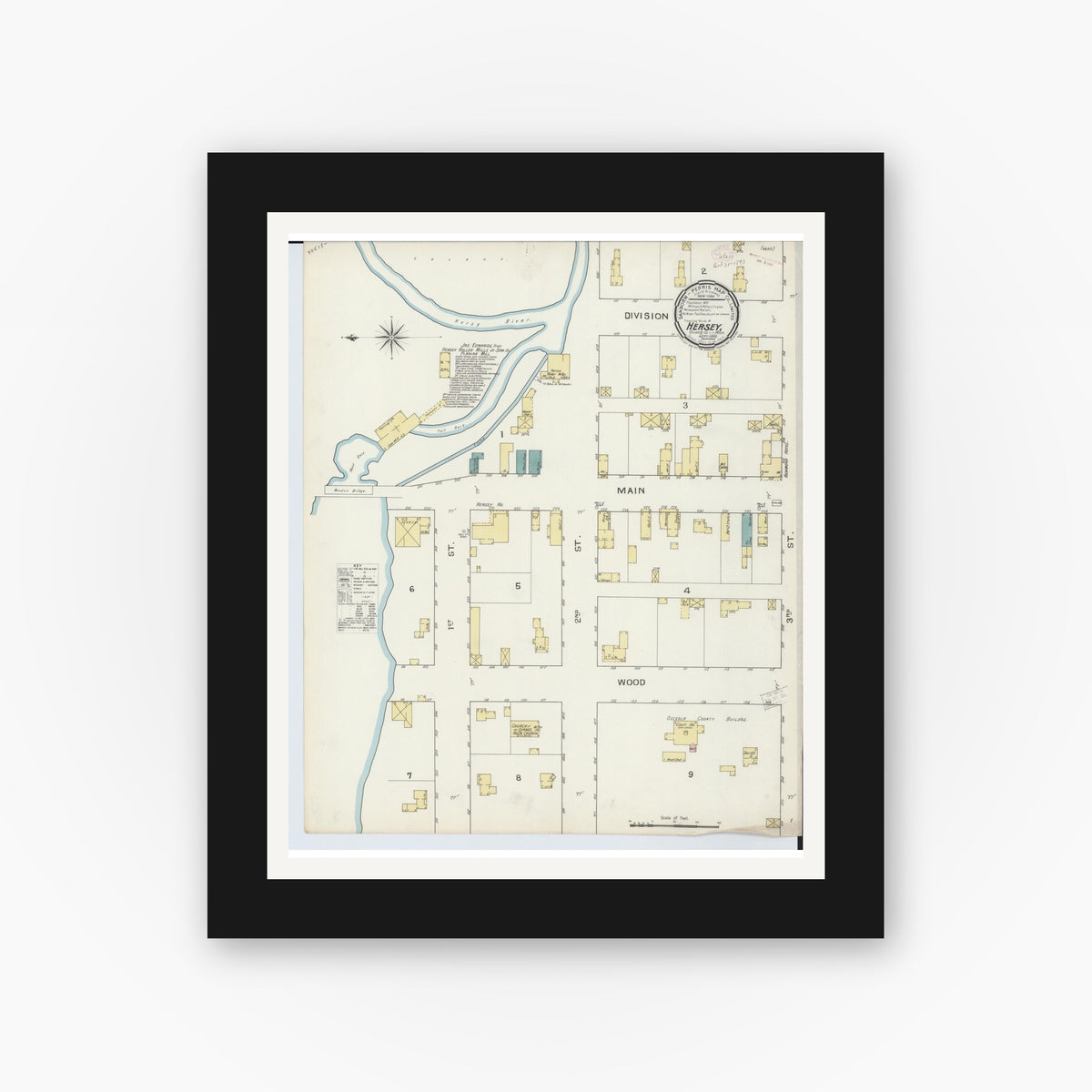 Old map wall art mockup — black gallery frame with white mat — Sanborn Fire Insurance Map from Hersey, Osceola County, Michigan (1893), Sheet #0001