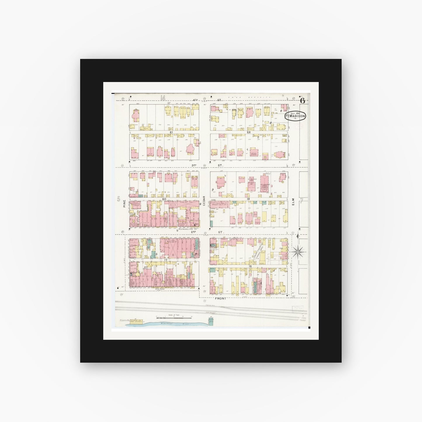 Old map wall art mockup — black gallery frame with white mat — Sanborn Fire Insurance Map from Fort Madison, Lee County, Iowa (1894), Sheet #0006