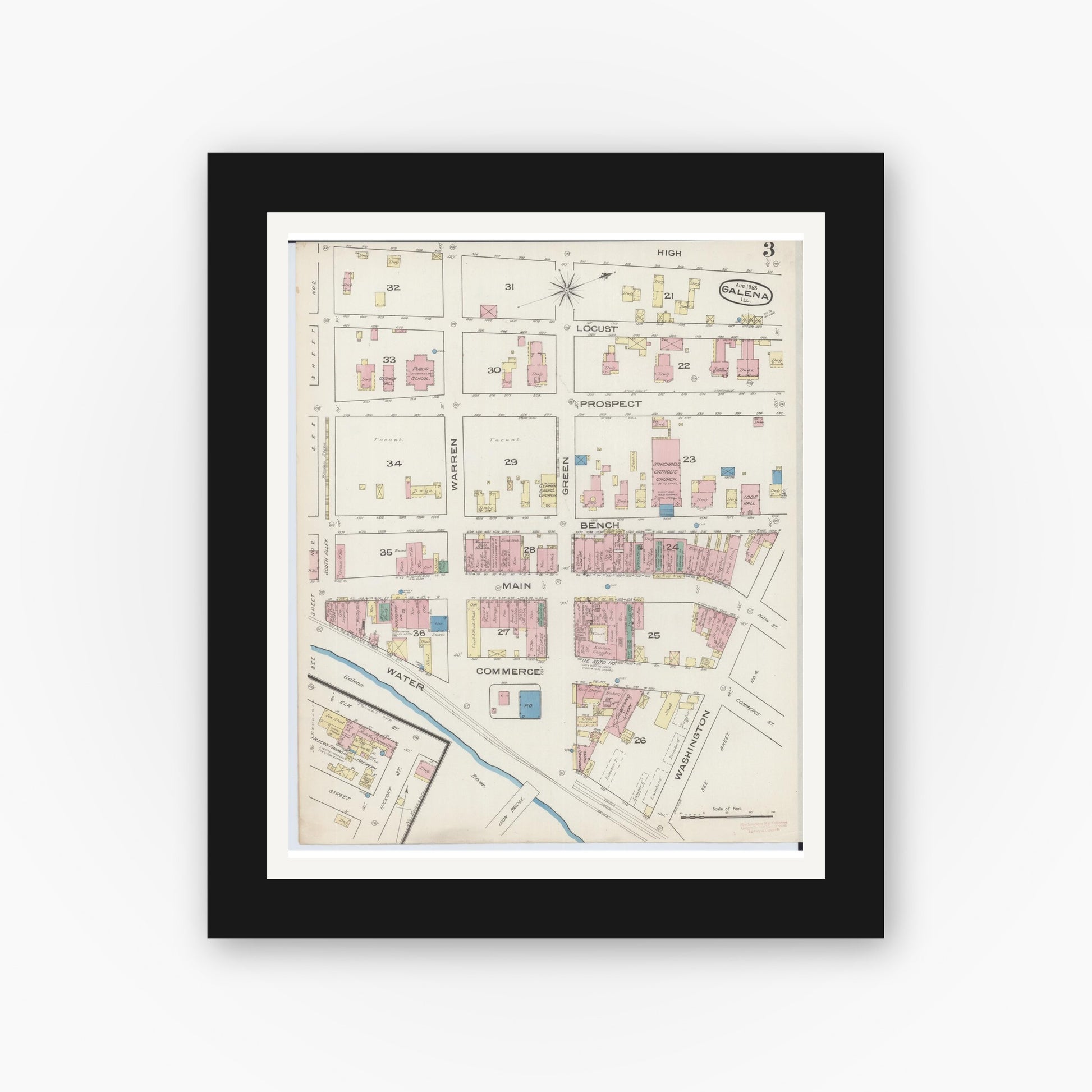 Old map wall art mockup — black gallery frame with white mat — Sanborn Fire Insurance Map from Galena, Jo Daviess County, Illinois (1885), Sheet #0003