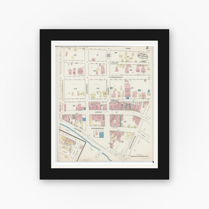 Old map wall art mockup — black gallery frame with white mat — Sanborn Fire Insurance Map from Galena, Jo Daviess County, Illinois (1885), Sheet #0003