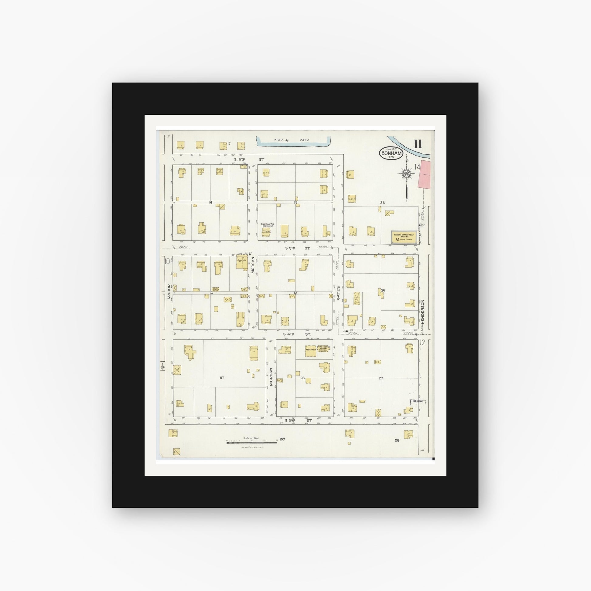 Old map wall art mockup — black gallery frame with white mat — Sanborn Fire Insurance Map from Bonham, Fannin County, Texas (1917), Sheet #0011