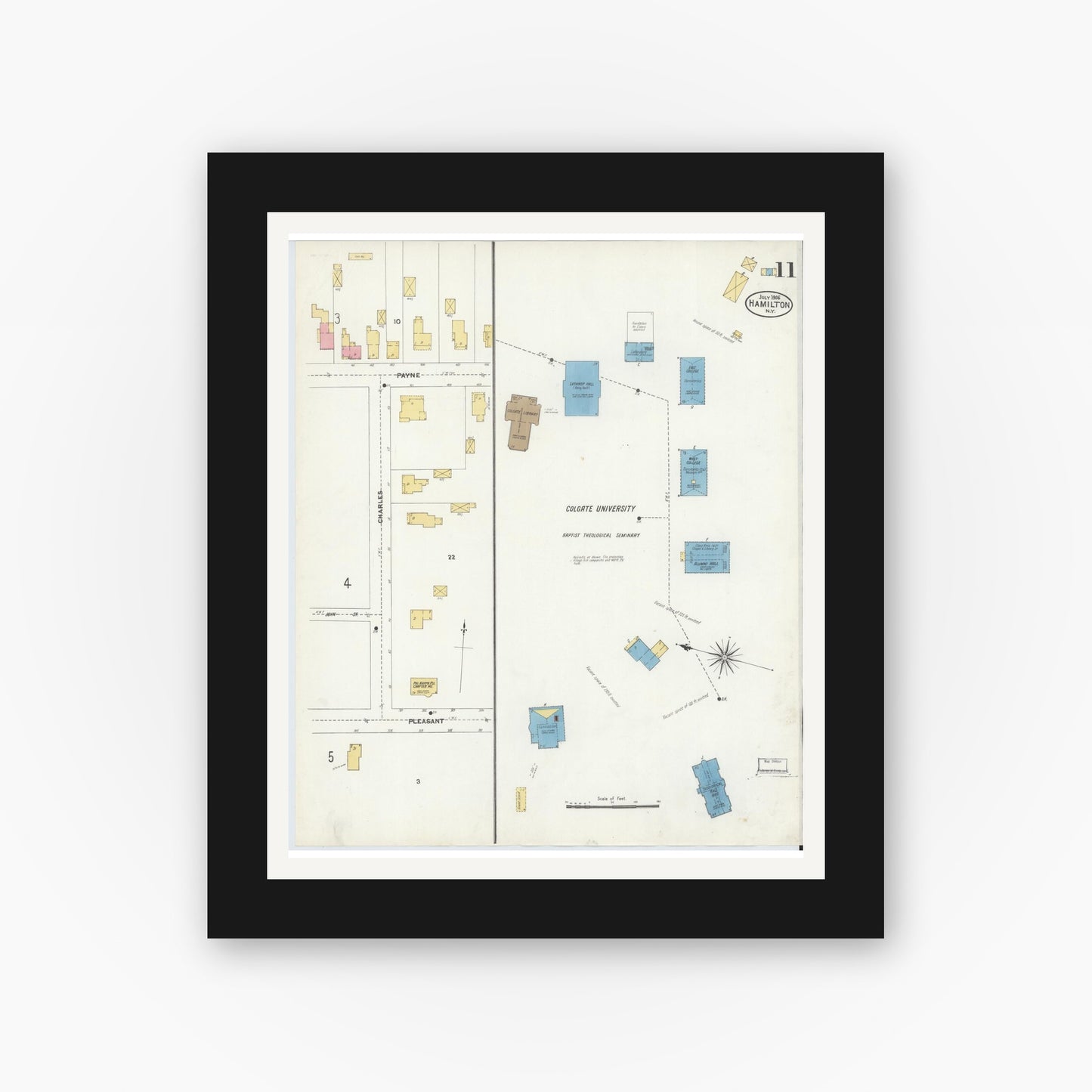 Old map wall art mockup — black gallery frame with white mat — Sanborn Fire Insurance Map from Hamilton, Madison County, New York (1906), Sheet #0011