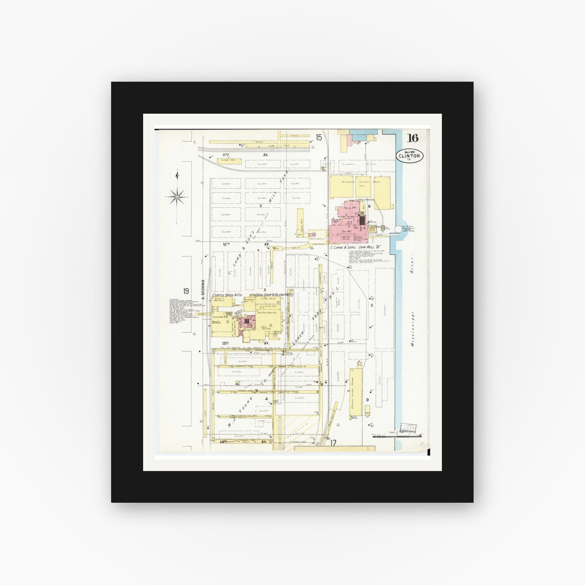 Old map wall art mockup — black gallery frame with white mat — Sanborn Fire Insurance Map from Clinton, Clinton County, Iowa (1897), Sheet #0016