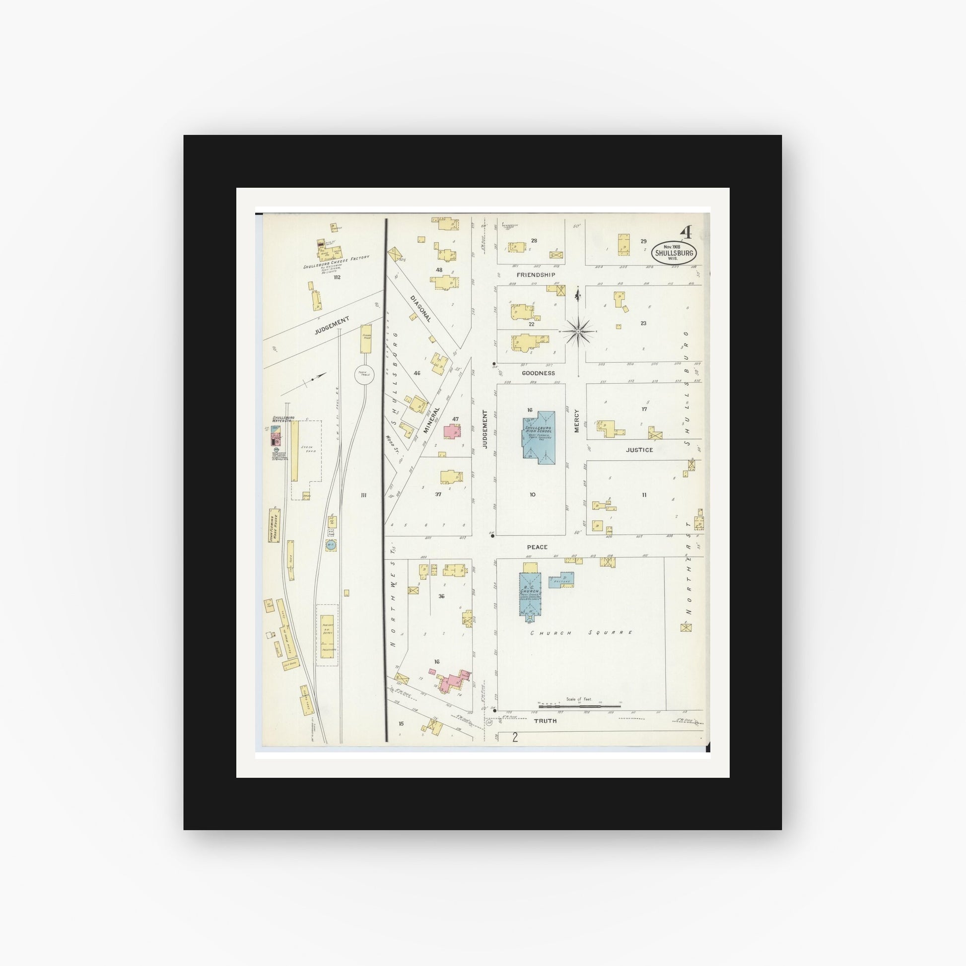 Old map wall art mockup — black gallery frame with white mat — Sanborn Fire Insurance Map from Shullsburg, Lafayette County, Wisconsin (1908), Sheet #0004