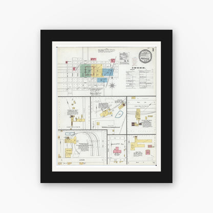 Old map wall art mockup — black gallery frame with white mat — Sanborn Fire Insurance Map from Harrisburg, Saline County, Illinois (1900), Sheet #0001