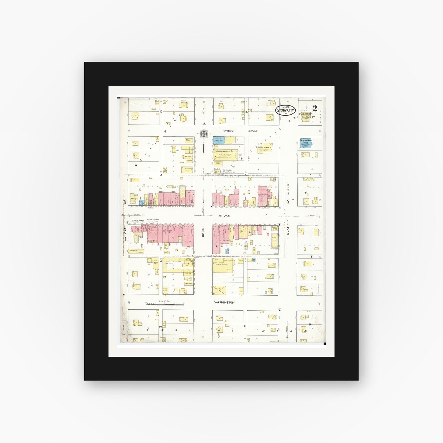 Old map wall art mockup — black gallery frame with white mat — Sanborn Fire Insurance Map from Story City, Story County, Iowa (1916), Sheet #0002