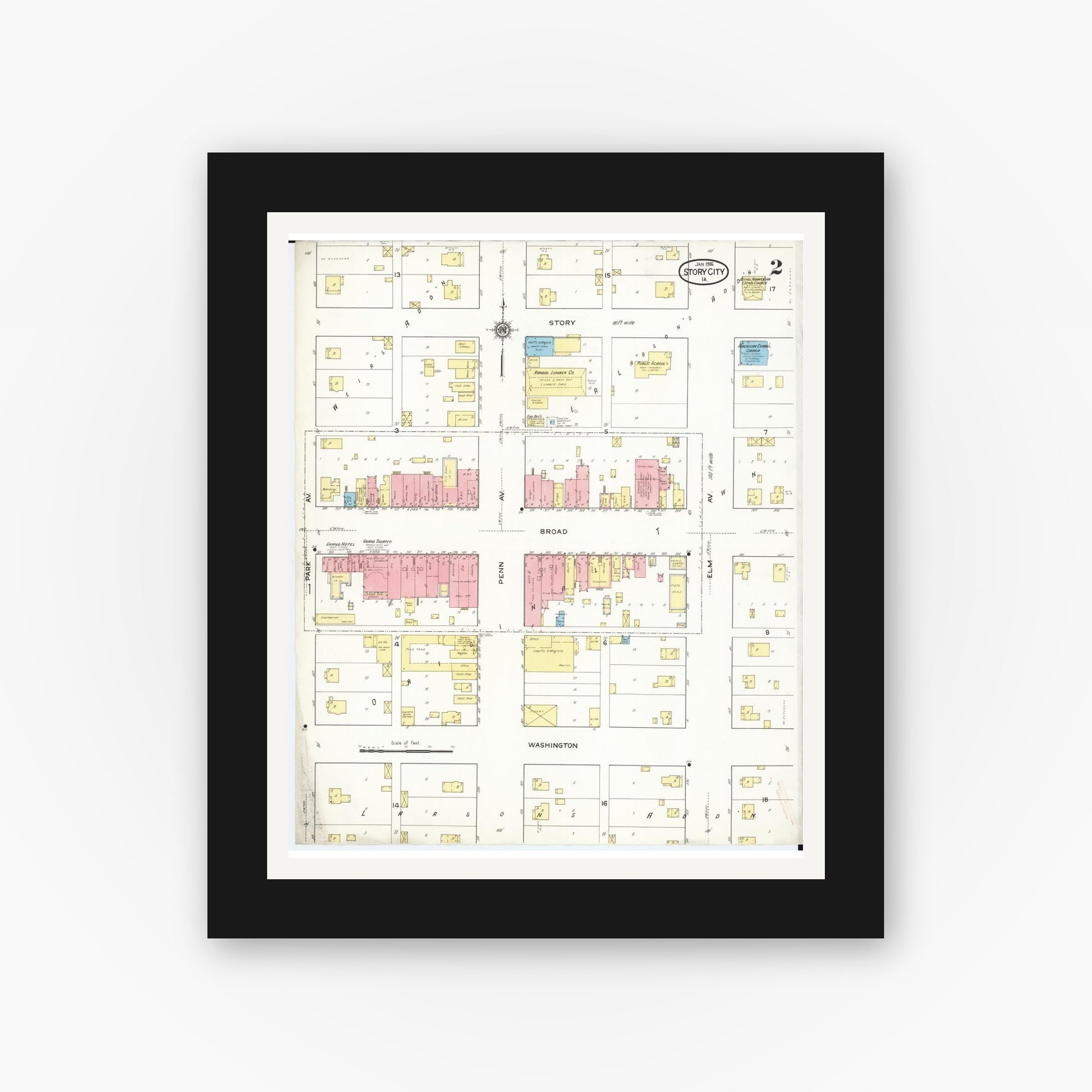 Old map wall art mockup — black gallery frame with white mat — Sanborn Fire Insurance Map from Story City, Story County, Iowa (1916), Sheet #0002