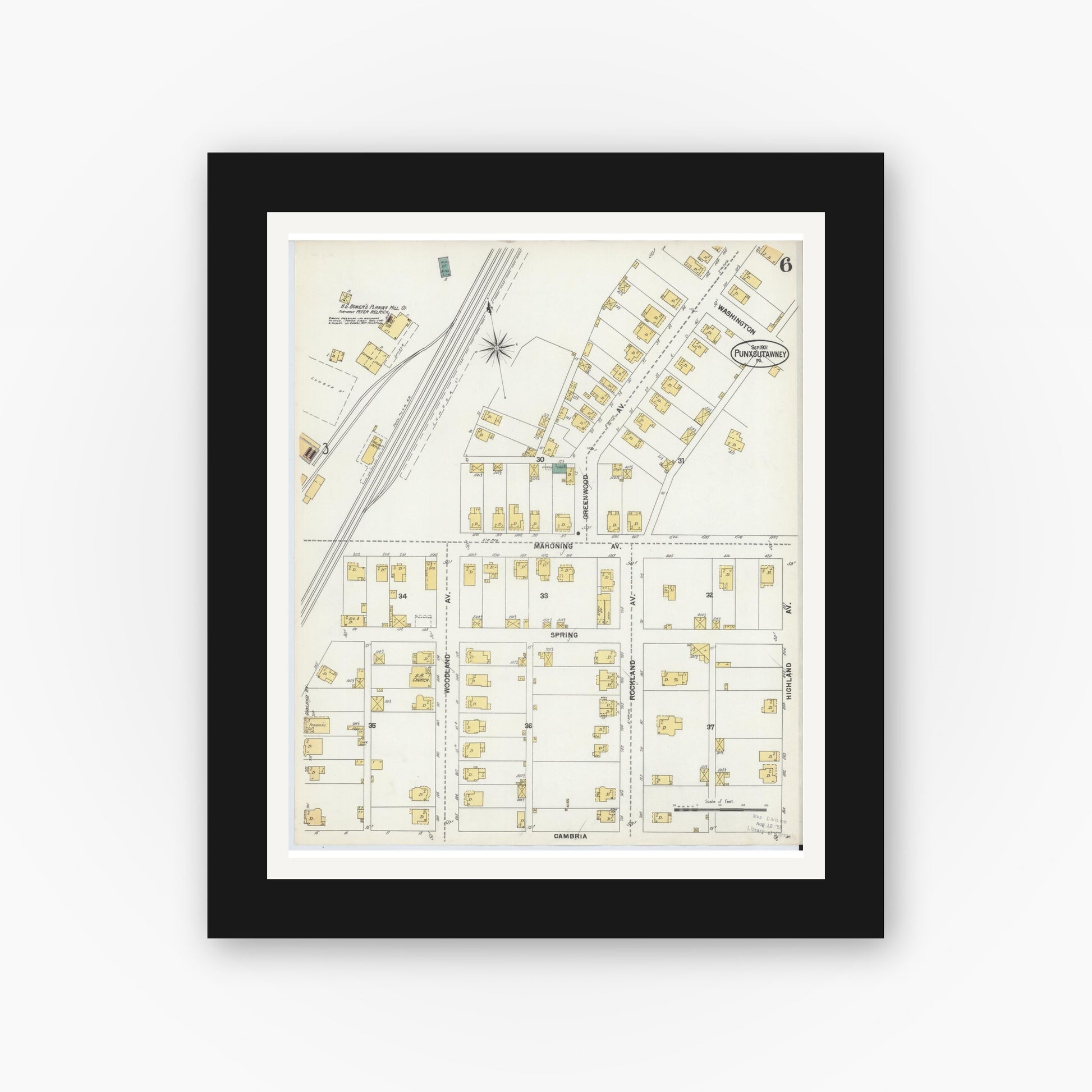 Old map wall art mockup — black gallery frame with white mat — Sanborn Fire Insurance Map from Punxsutawney, Jefferson County, Pennsylvania (1901), Sheet #0006
