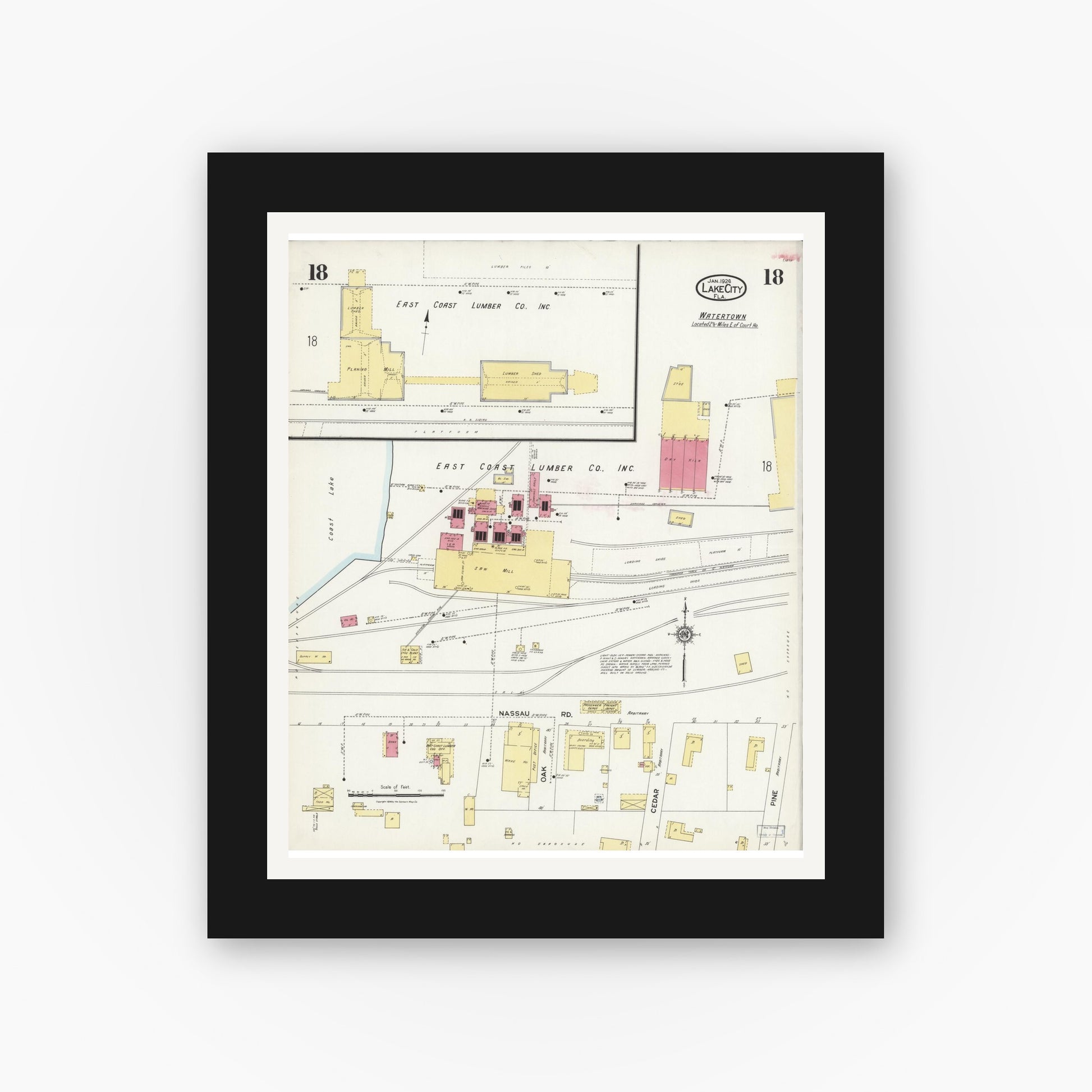 Old map wall art mockup — black gallery frame with white mat — Sanborn Fire Insurance Map from Lake City, Columbia County, Florida (1924), Sheet #0018