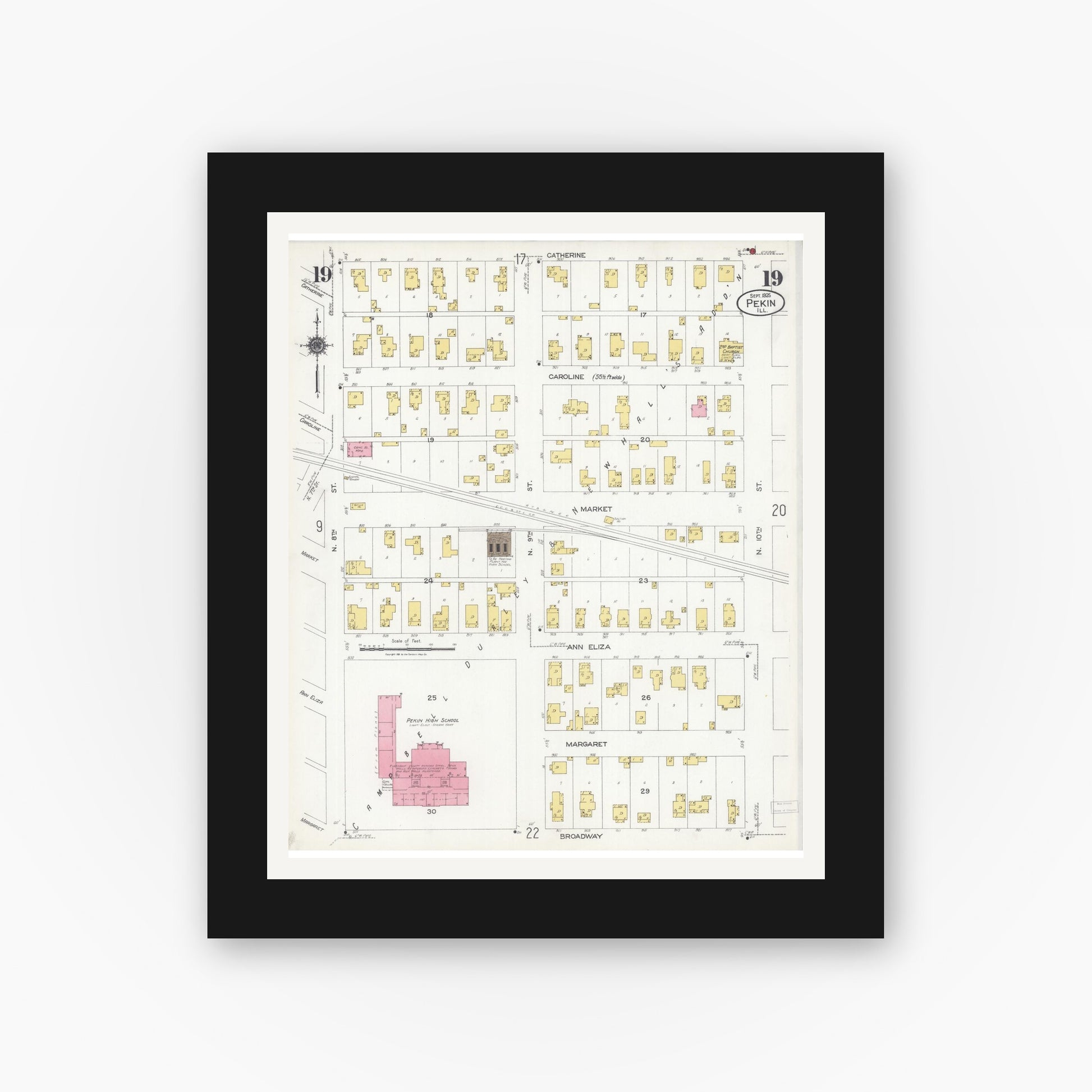 Old map wall art mockup — black gallery frame with white mat — Sanborn Fire Insurance Map from Pekin, Tazewell County, Illinois (1925), Sheet #0019