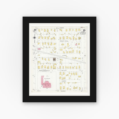 Old map wall art mockup — black gallery frame with white mat — Sanborn Fire Insurance Map from Pekin, Tazewell County, Illinois (1925), Sheet #0019