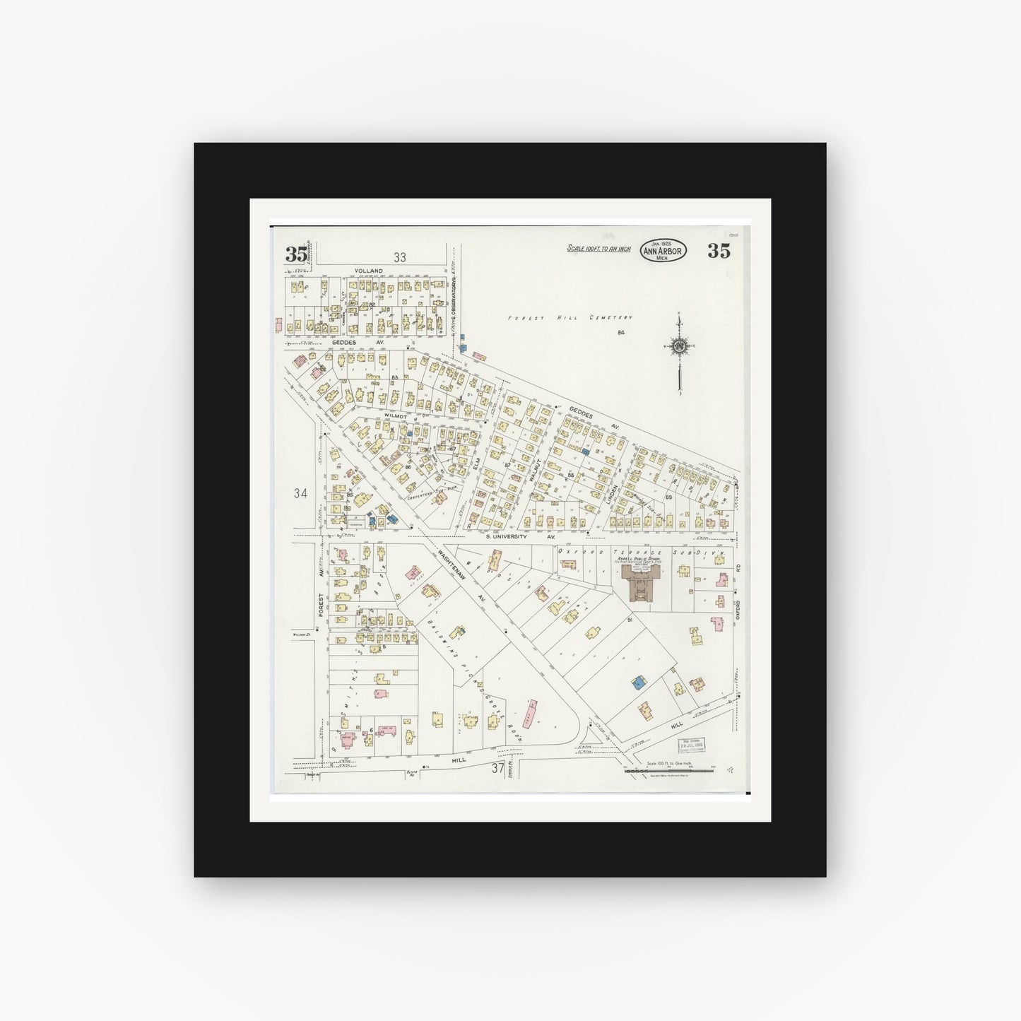 Old map wall art mockup — black gallery frame with white mat — Sanborn Fire Insurance Map from Ann Arbor, Washtenaw County, Michigan (1925), Sheet #0035