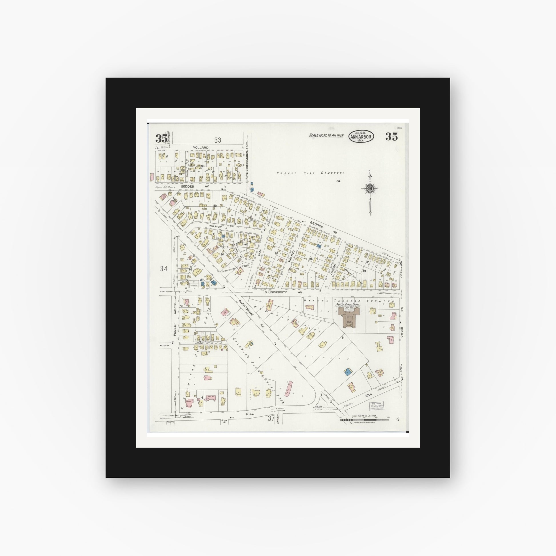 Old map wall art mockup — black gallery frame with white mat — Sanborn Fire Insurance Map from Ann Arbor, Washtenaw County, Michigan (1925), Sheet #0035