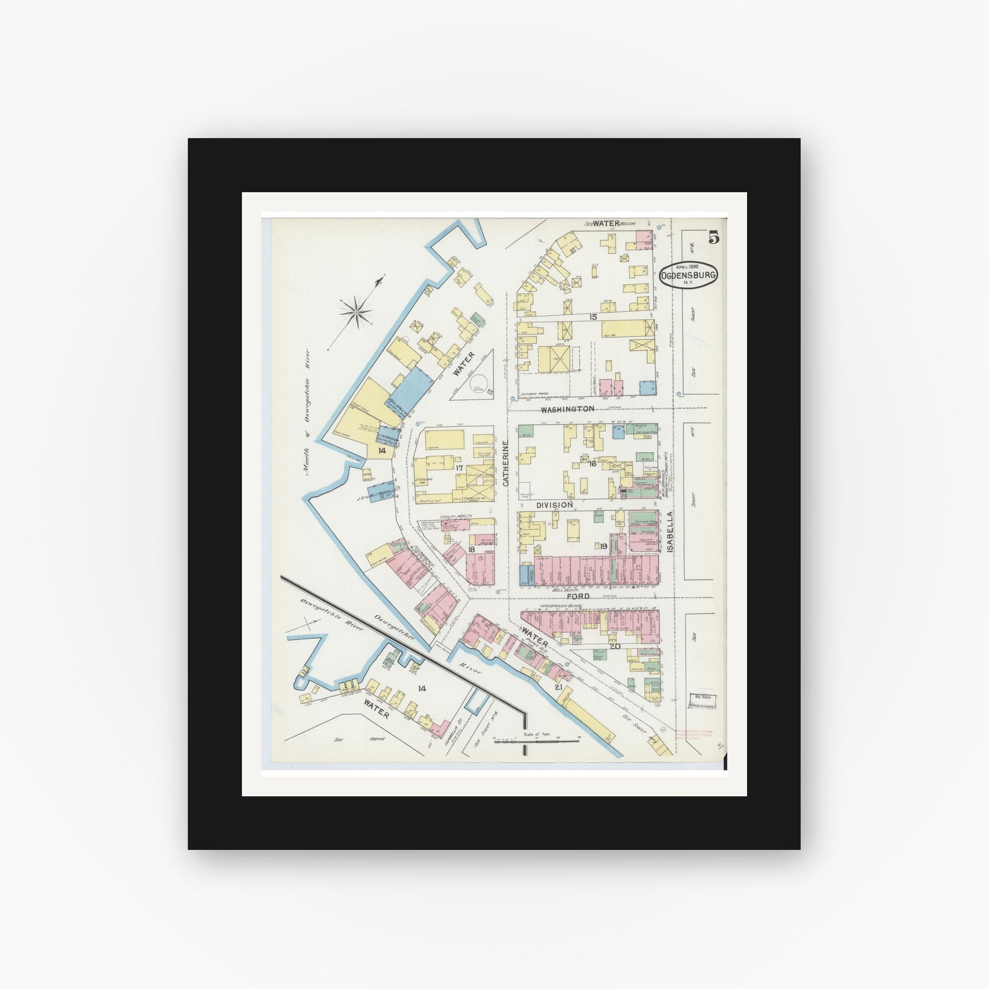 Old map wall art mockup — black gallery frame with white mat — Sanborn Fire Insurance Map from Ogdensburg, St. Lawrence County, New York (1892), Sheet #0004