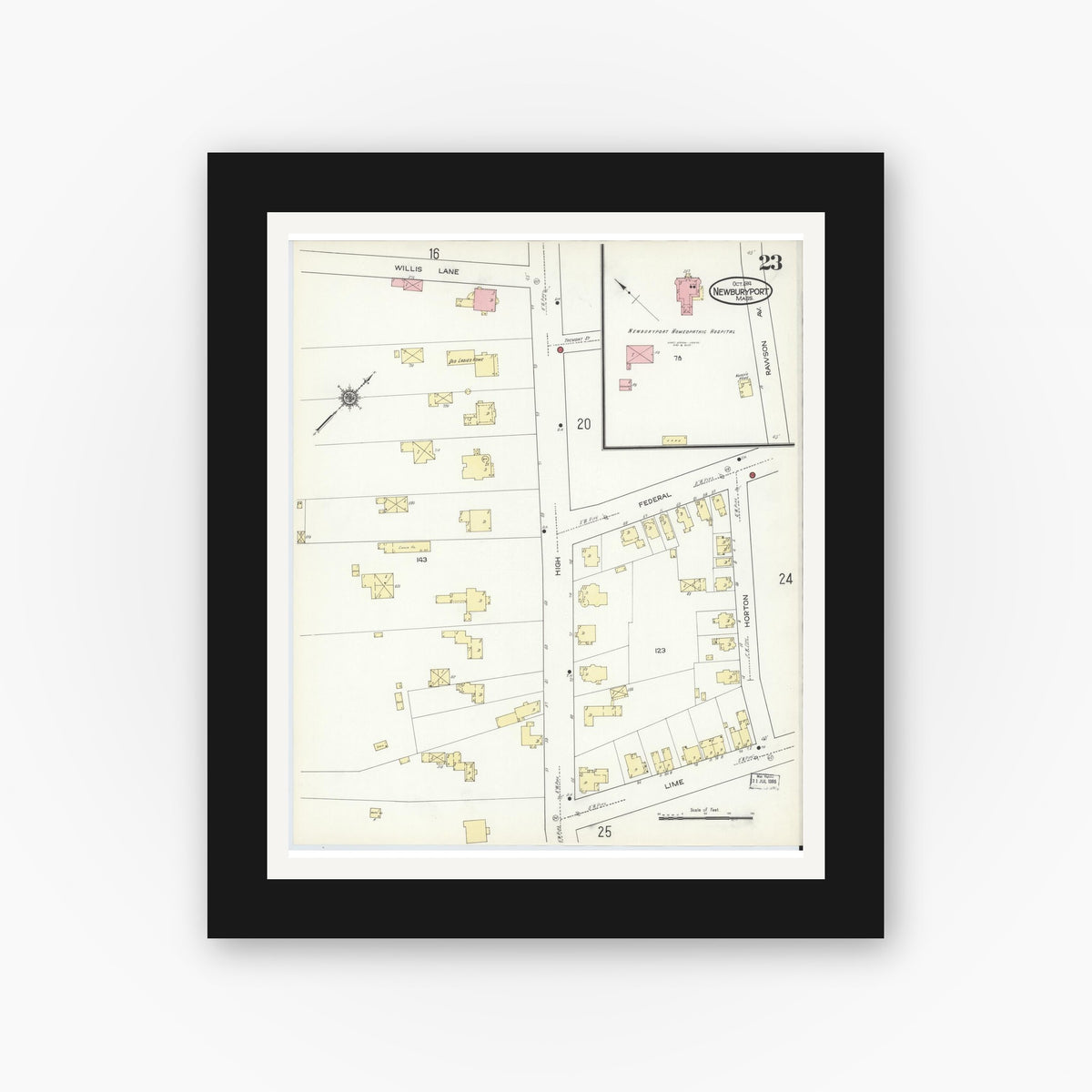 Old map wall art mockup — black gallery frame with white mat — Sanborn Fire Insurance Map from Newburyport, Essex County, Massachusetts (1914), Sheet #0023