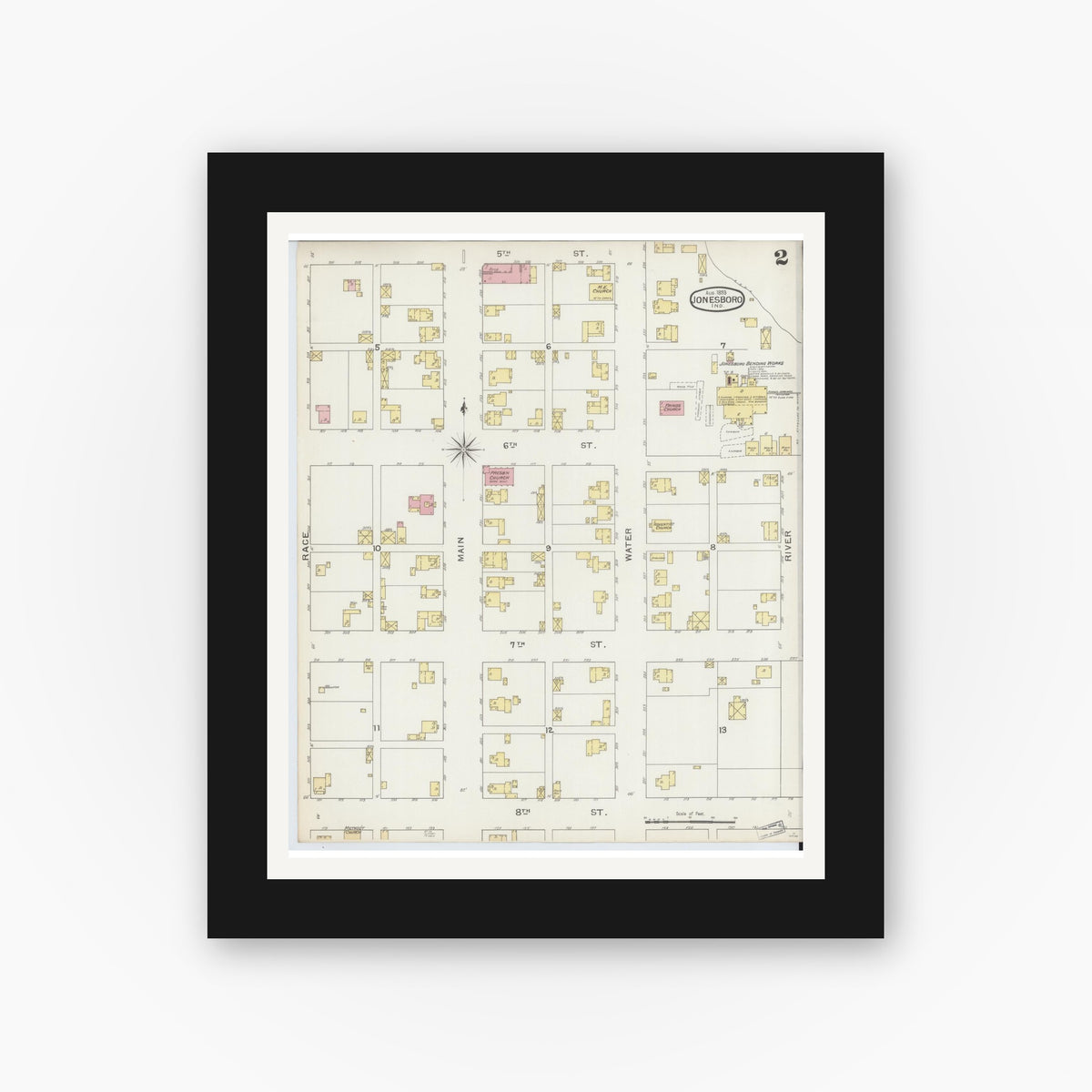 Old map wall art mockup — black gallery frame with white mat — Sanborn Fire Insurance Map from Jonesboro, Grant County, Indiana (1893), Sheet #0002