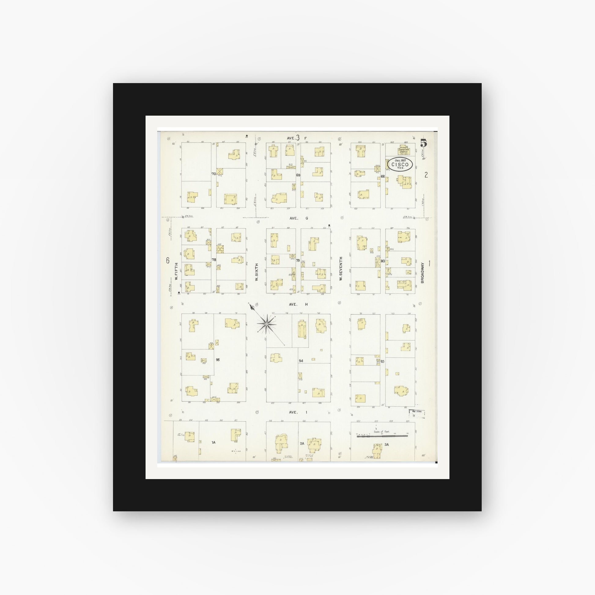 Old map wall art mockup — black gallery frame with white mat — Sanborn Fire Insurance Map from Cisco, Eastland County, Texas (1907), Sheet #0005