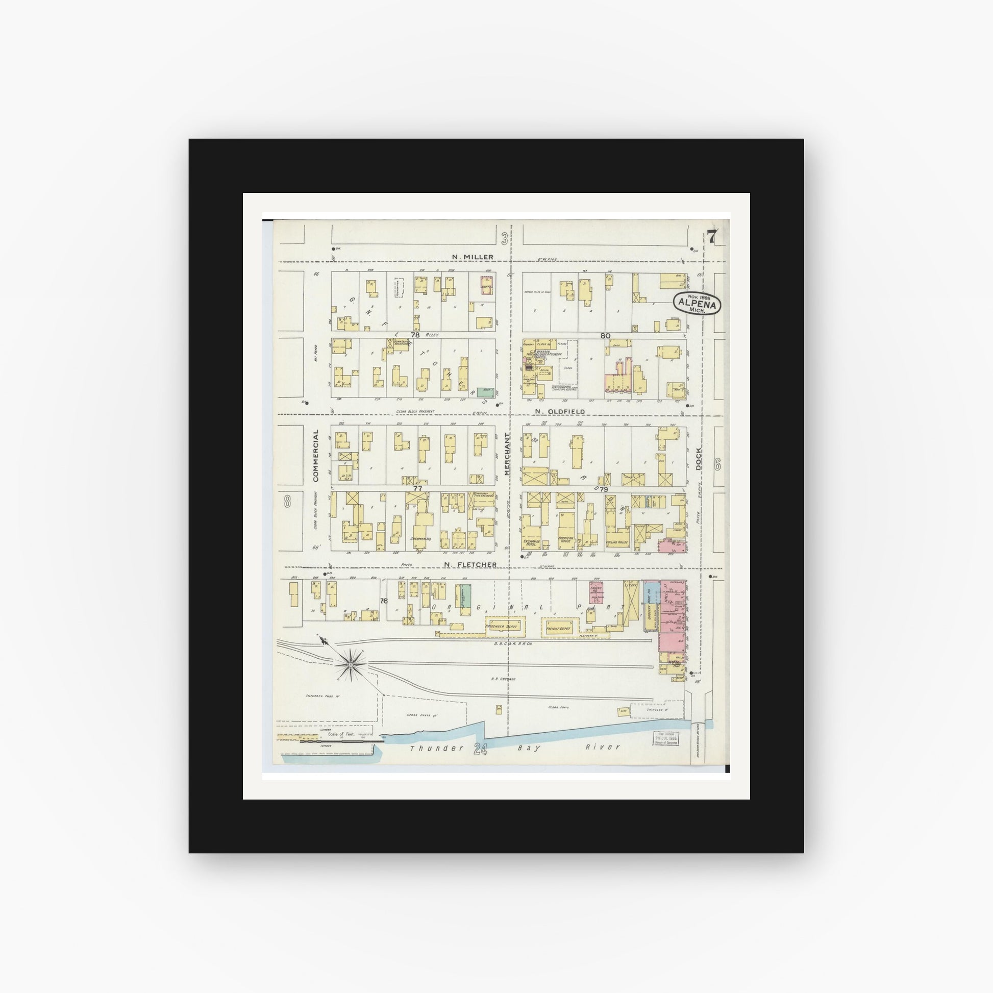 Old map wall art mockup — black gallery frame with white mat — Sanborn Fire Insurance Map from Alpena, Alpena County, Michigan (1895), Sheet #0007