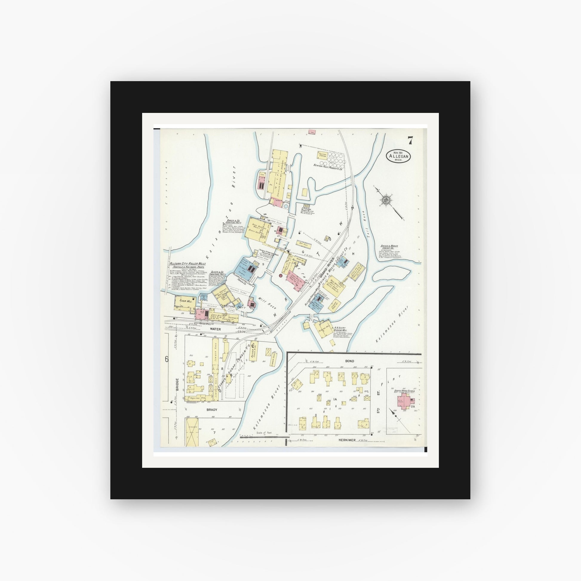 Old map wall art mockup — black gallery frame with white mat — Sanborn Fire Insurance Map from Allegan, Allegan County, Michigan (1911), Sheet #0007