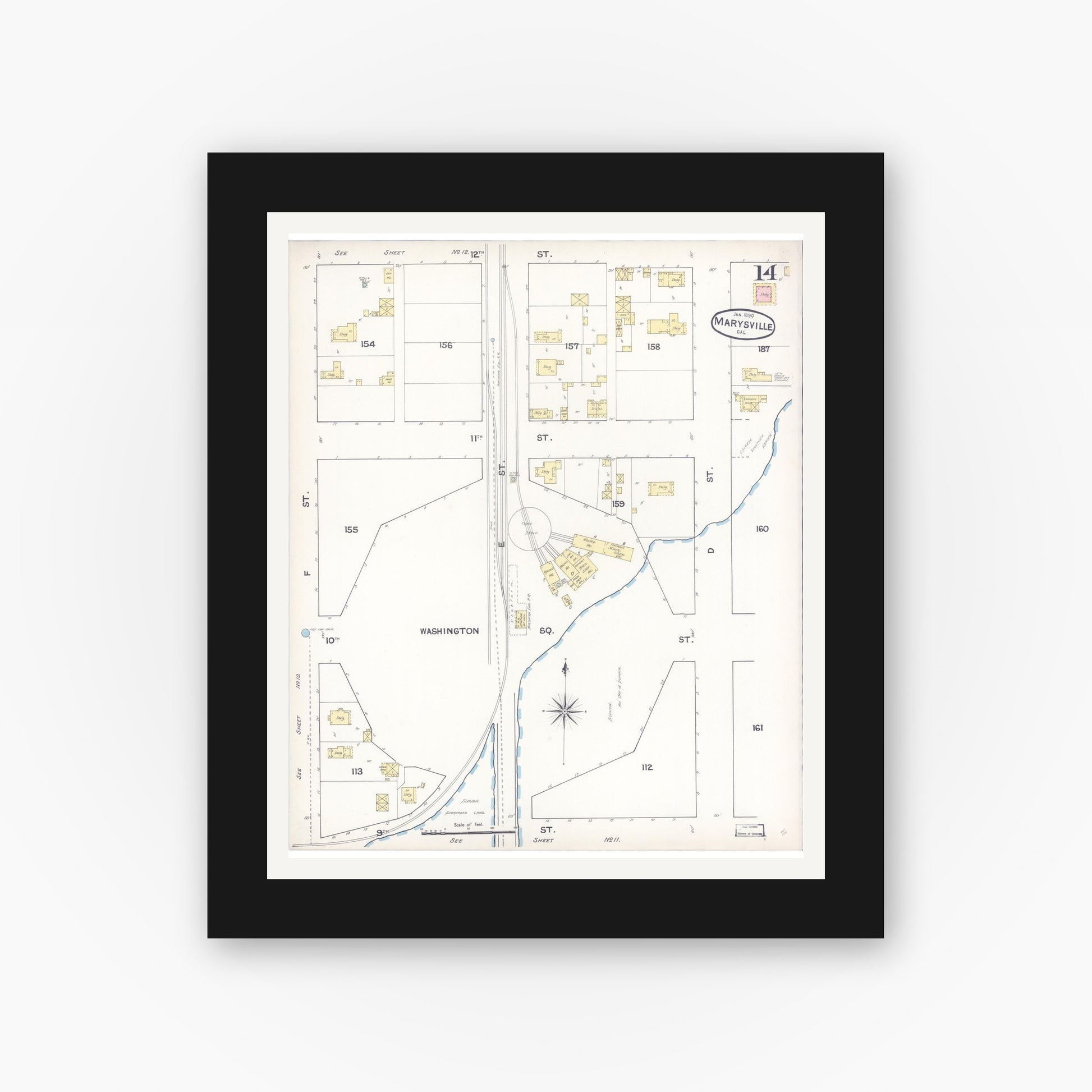 Old map wall art mockup — black gallery frame with white mat — Sanborn Fire Insurance Map from Marysville, Yuba County, California (1890), Sheet #0014