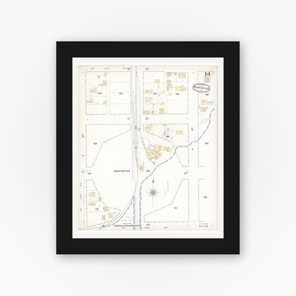 Old map wall art mockup — black gallery frame with white mat — Sanborn Fire Insurance Map from Marysville, Yuba County, California (1890), Sheet #0014