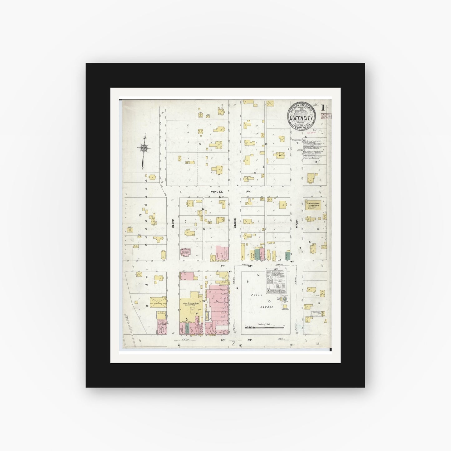 Old map wall art mockup — black gallery frame with white mat — Sanborn Fire Insurance Map from Queen City, Schuyler County, Missouri (1910), Sheet #0001