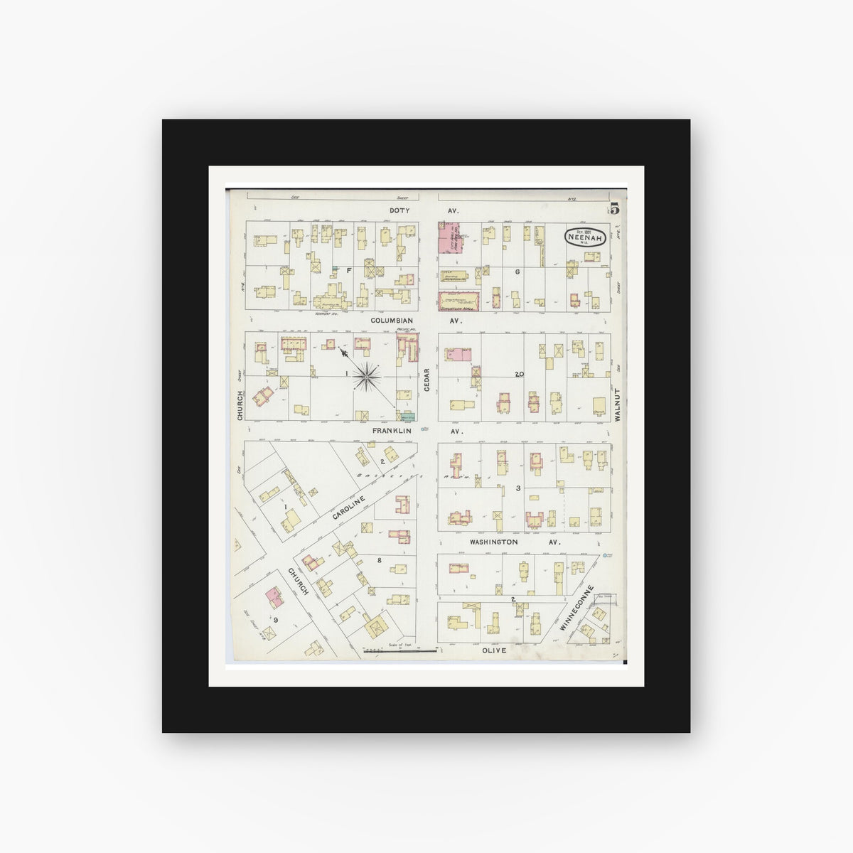 Old map wall art mockup — black gallery frame with white mat — Sanborn Fire Insurance Map from Neenah, Winnebago County, Wisconsin (1891), Sheet #0005