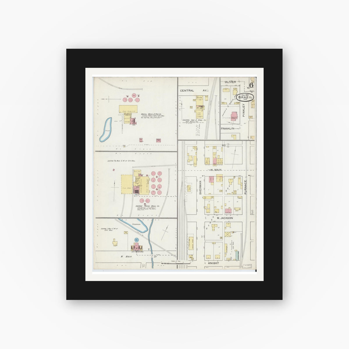 Old map wall art mockup — black gallery frame with white mat — Sanborn Fire Insurance Map from Brazil, Clay County, Indiana (1892), Sheet #0006