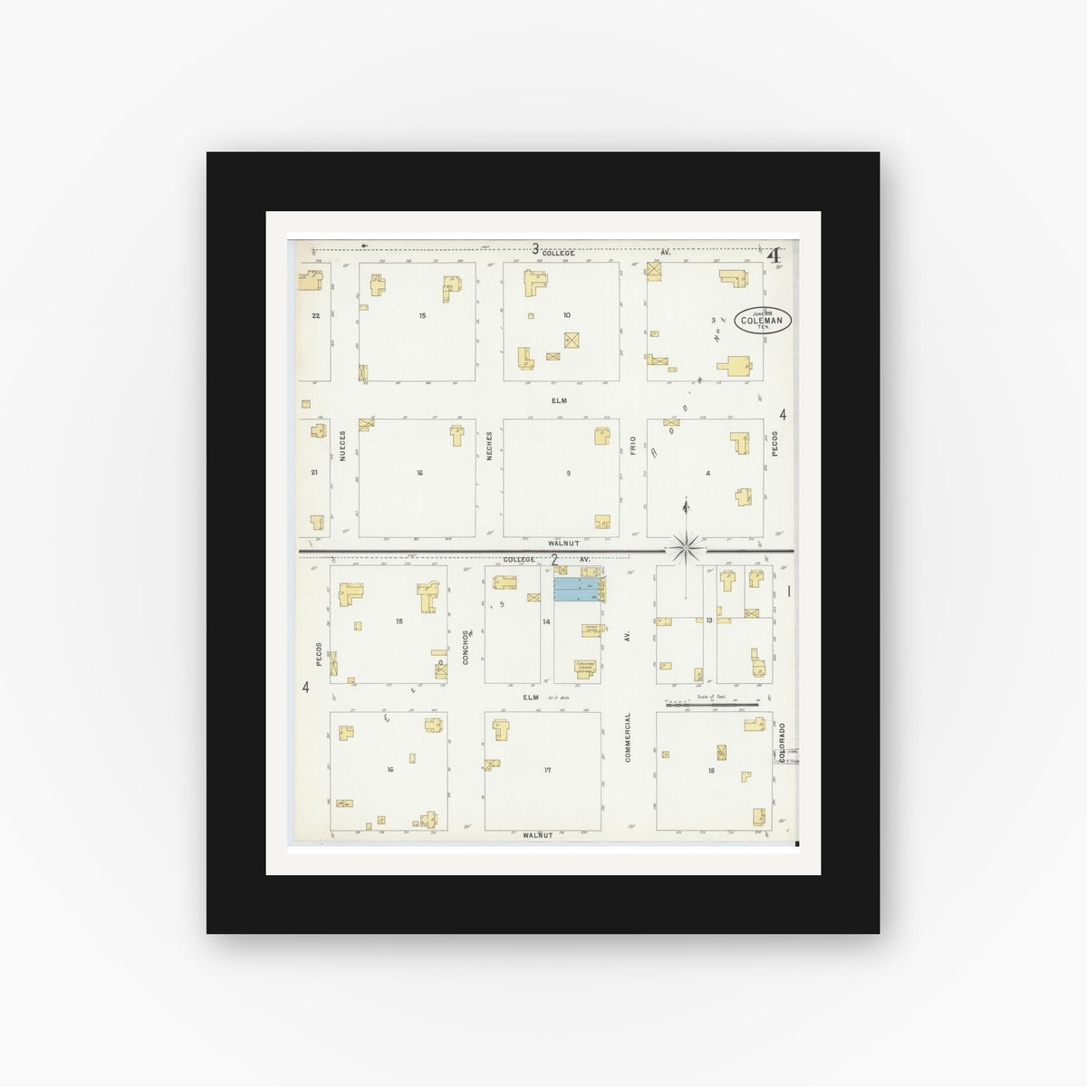Old map wall art mockup — black gallery frame with white mat — Sanborn Fire Insurance Map from Coleman, Coleman County, Texas (1898), Sheet #0004