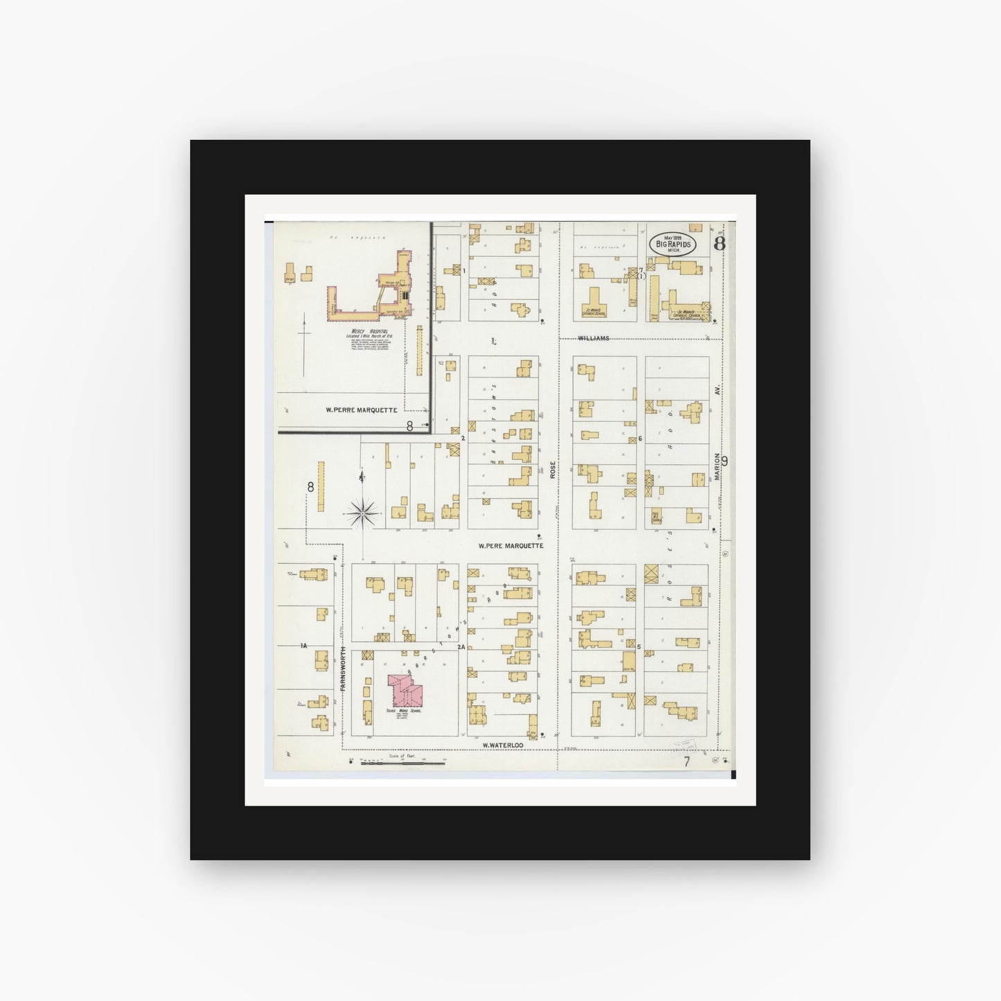 Old map wall art mockup — black gallery frame with white mat — Sanborn Fire Insurance Map from Big Rapids, Mecosta County, Michigan (1899), Sheet #0008