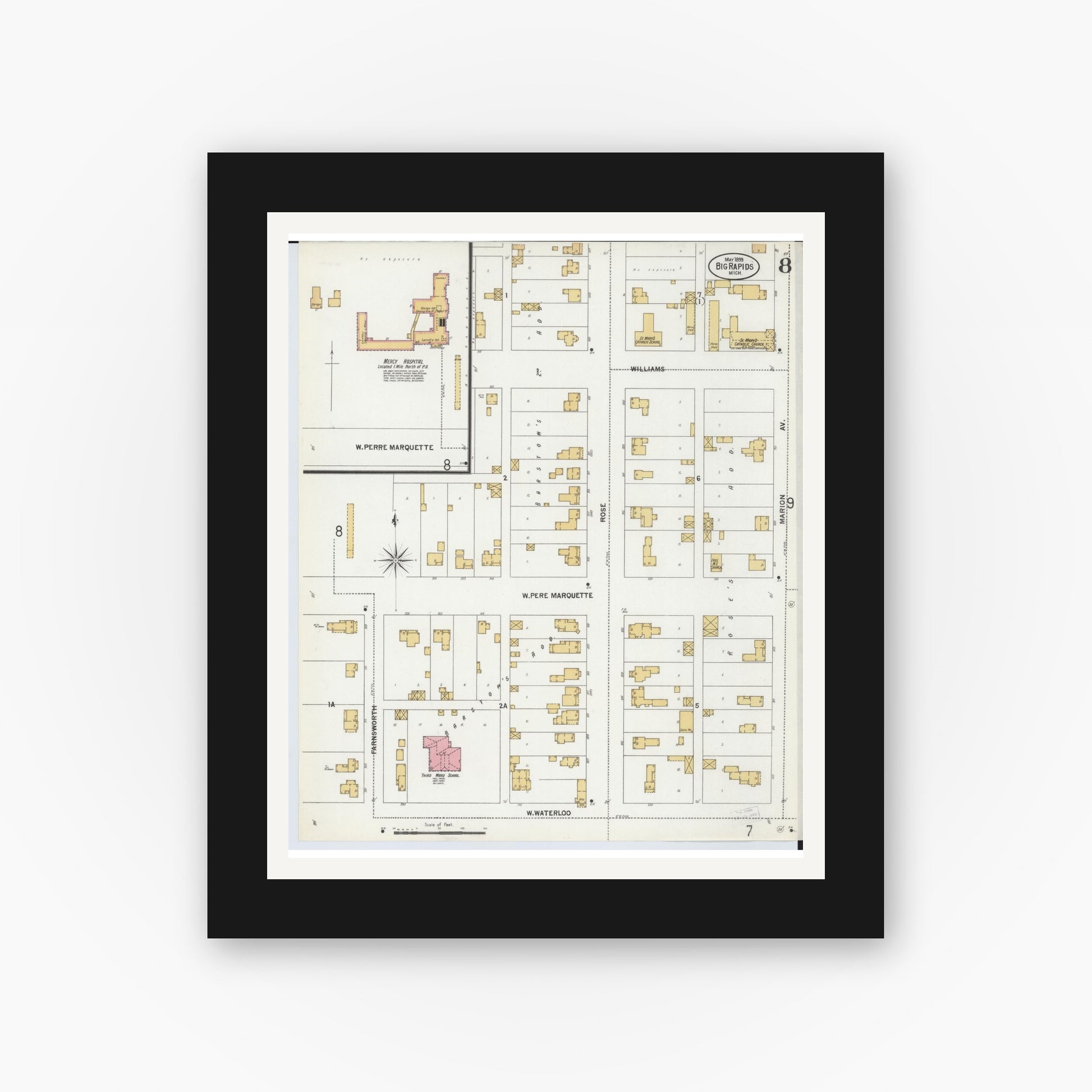 Old map wall art mockup — black gallery frame with white mat — Sanborn Fire Insurance Map from Big Rapids, Mecosta County, Michigan (1899), Sheet #0008