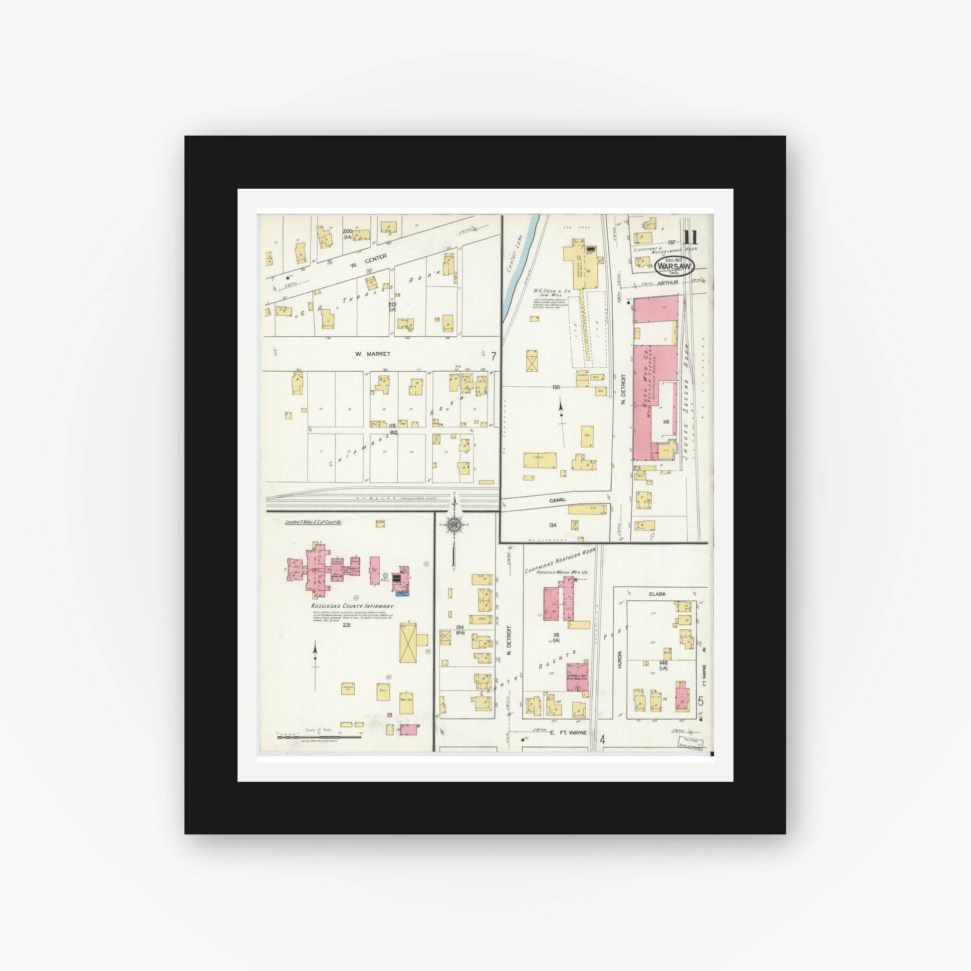 Old map wall art mockup — black gallery frame with white mat — Sanborn Fire Insurance Map from Warsaw, Kosciusko County, Indiana (1917), Sheet #0011