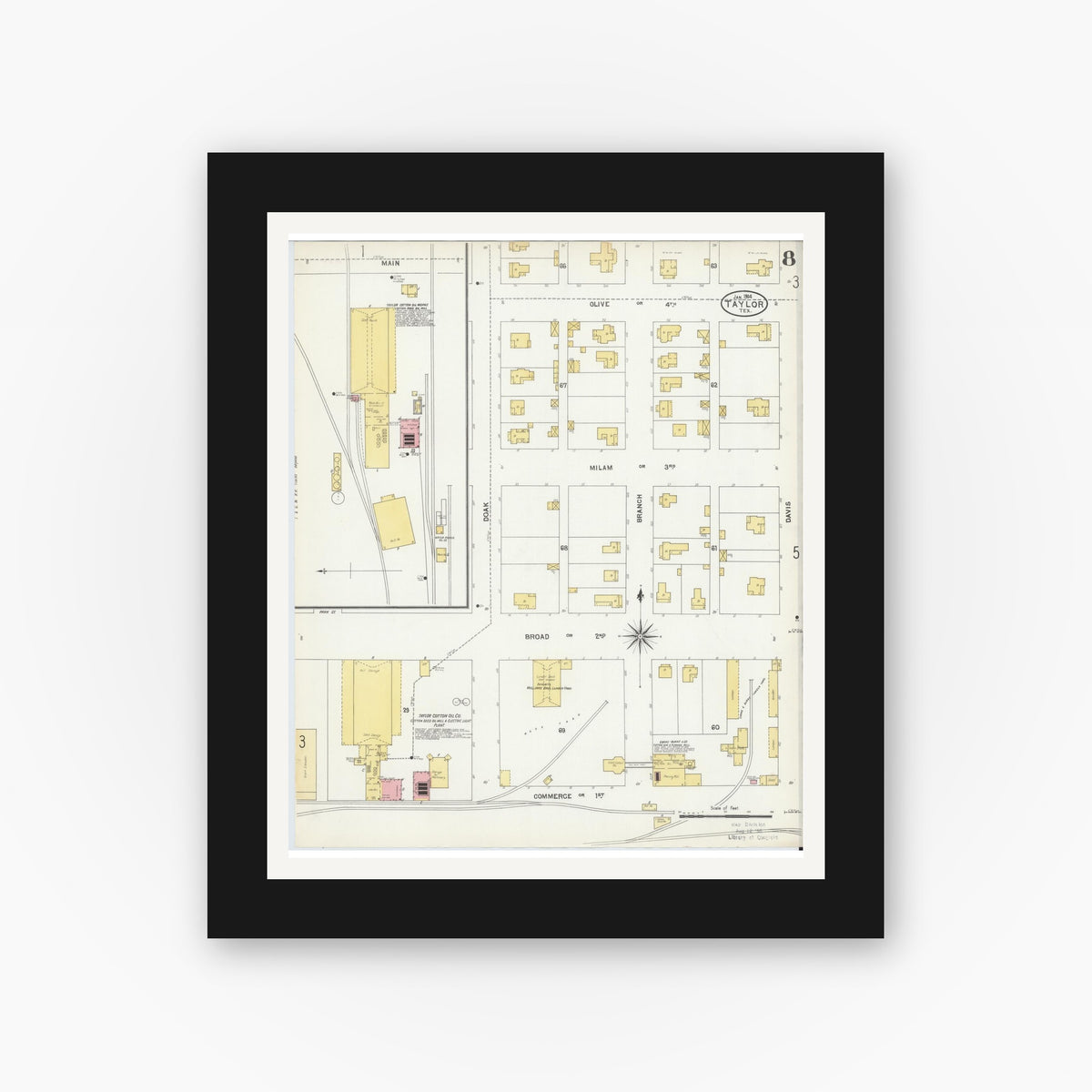Old map wall art mockup — black gallery frame with white mat — Sanborn Fire Insurance Map from Taylor, Williamson County, Texas (1904), Sheet #0008