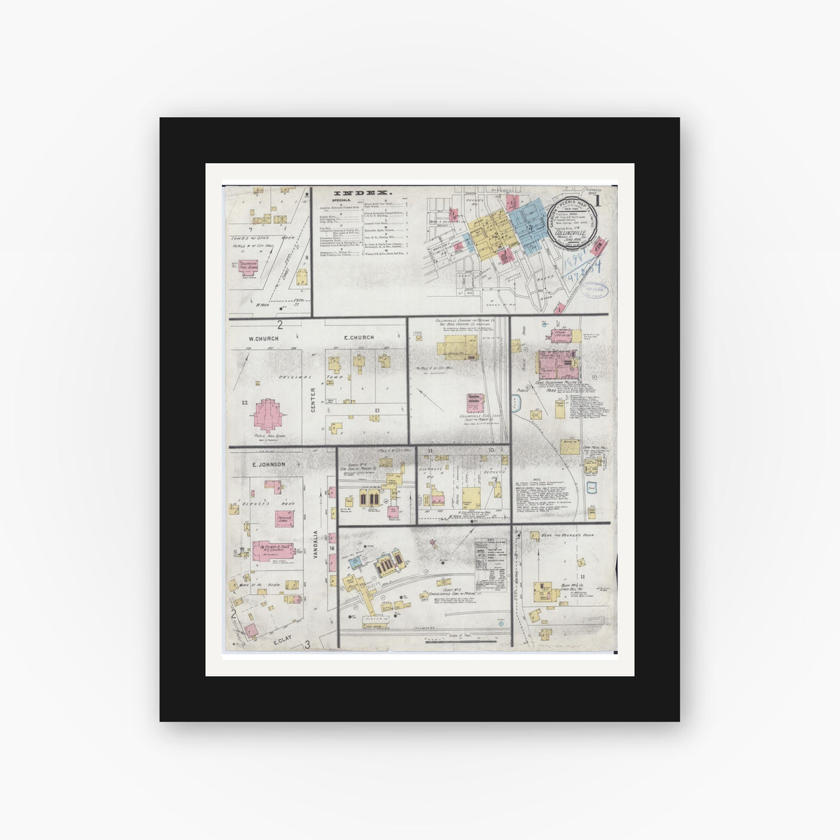 Old map wall art mockup — black gallery frame with white mat — Sanborn Fire Insurance Map from Collinsville, Madison County, Illinois (1898), Sheet #0001