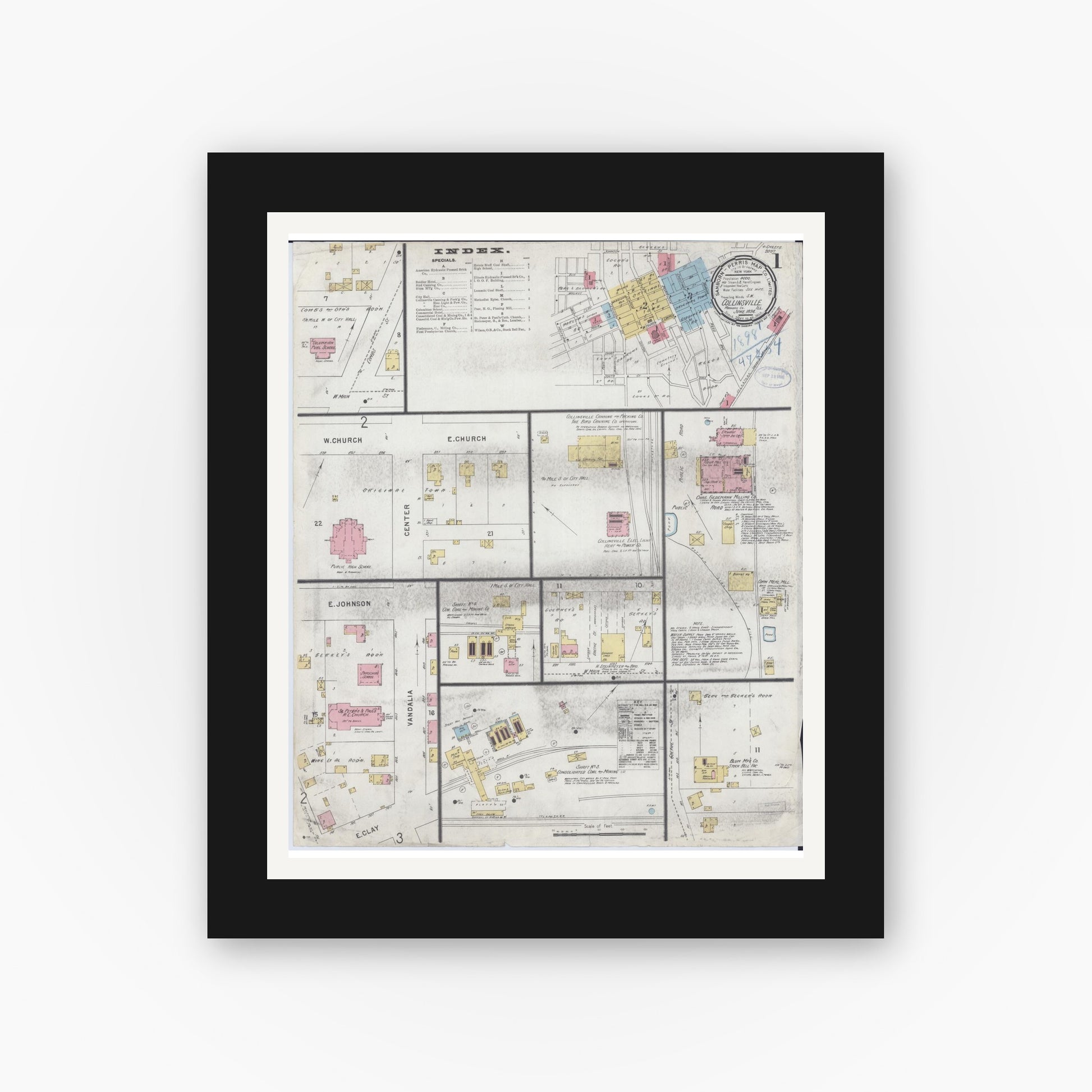 Old map wall art mockup — black gallery frame with white mat — Sanborn Fire Insurance Map from Collinsville, Madison County, Illinois (1898), Sheet #0001