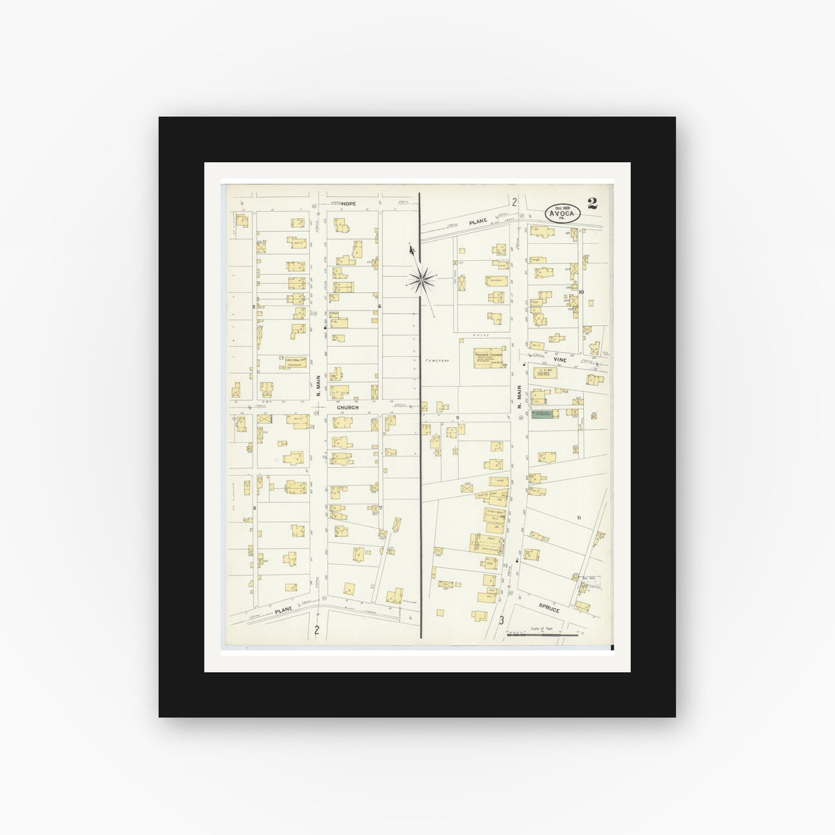 Old map wall art mockup — black gallery frame with white mat — Sanborn Fire Insurance Map from Avoca, Luzerne County, Pennsylvania (1908), Sheet #0002