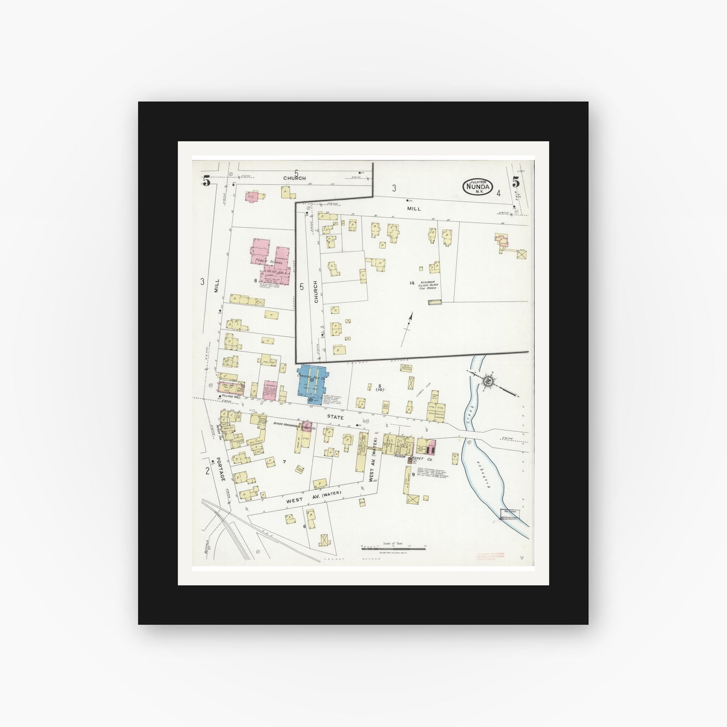 Old map wall art mockup — black gallery frame with white mat — Sanborn Fire Insurance Map from Nunda, Livingston County, New York (1924), Sheet #0005