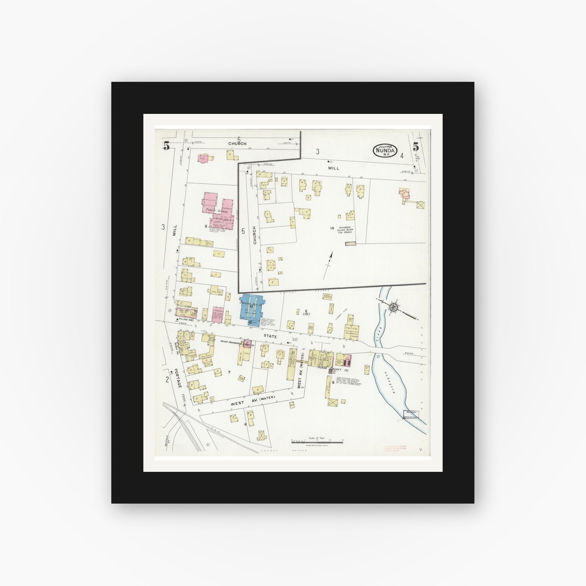 Old map wall art mockup — black gallery frame with white mat — Sanborn Fire Insurance Map from Nunda, Livingston County, New York (1924), Sheet #0005