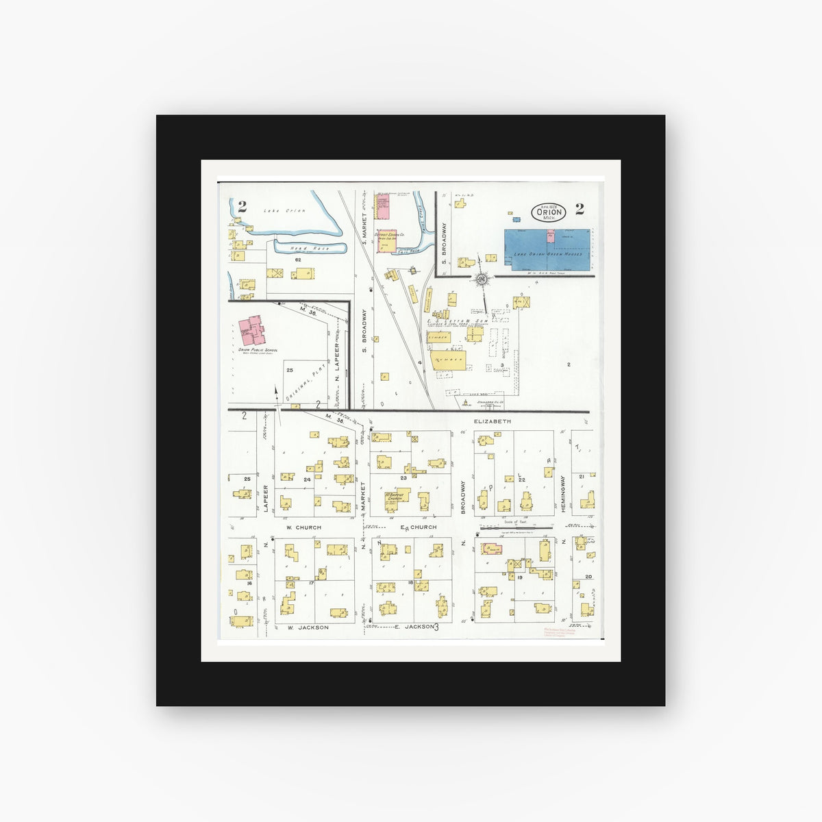Old map wall art mockup — black gallery frame with white mat — Sanborn Fire Insurance Map from Orion, Oakland County, Michigan (1926), Sheet #0002