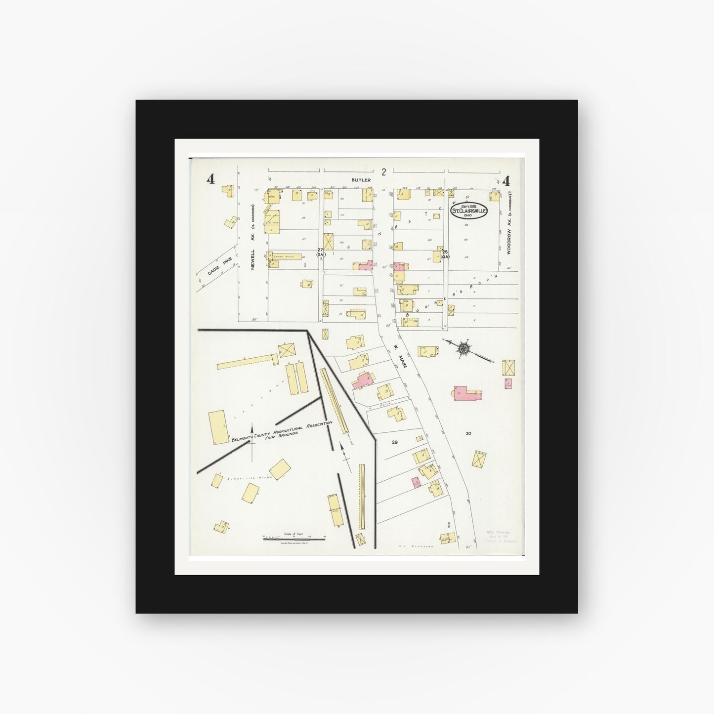 Old map wall art mockup — black gallery frame with white mat — Sanborn Fire Insurance Map from Saint Clairsville, Belmont County, Ohio (1924), Sheet #0004