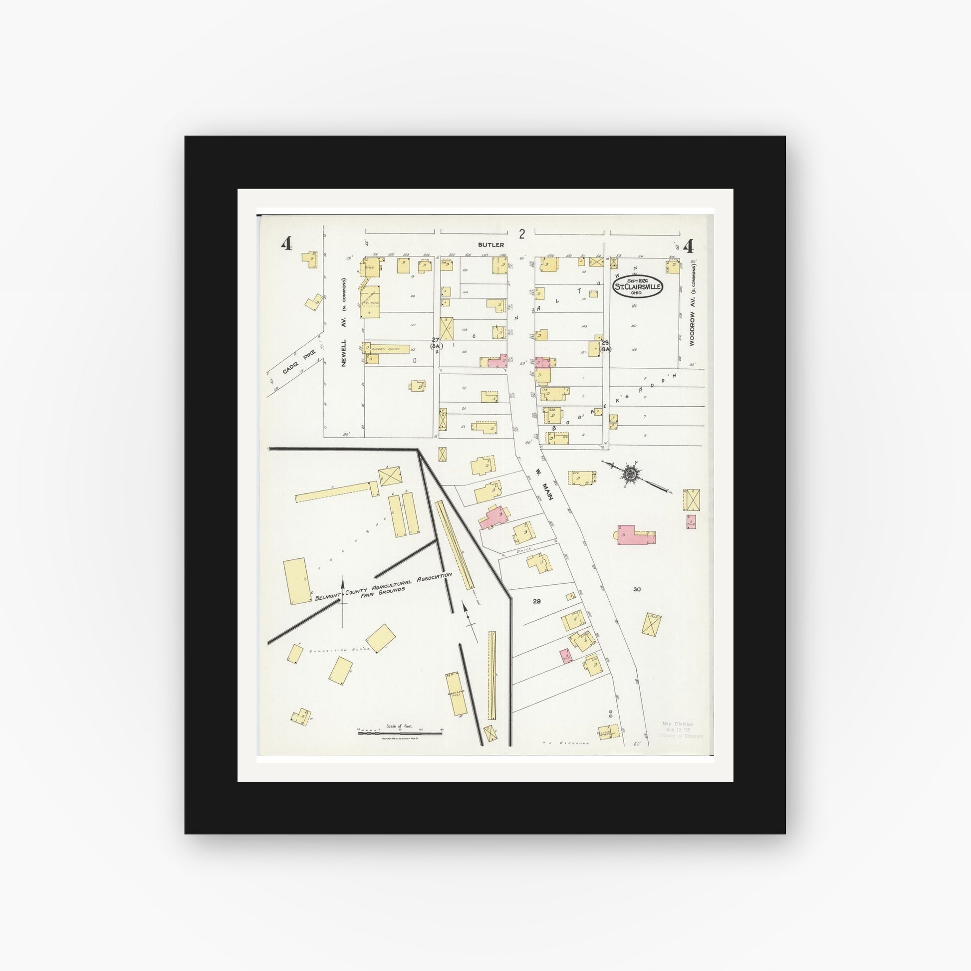 Old map wall art mockup — black gallery frame with white mat — Sanborn Fire Insurance Map from Saint Clairsville, Belmont County, Ohio (1924), Sheet #0004