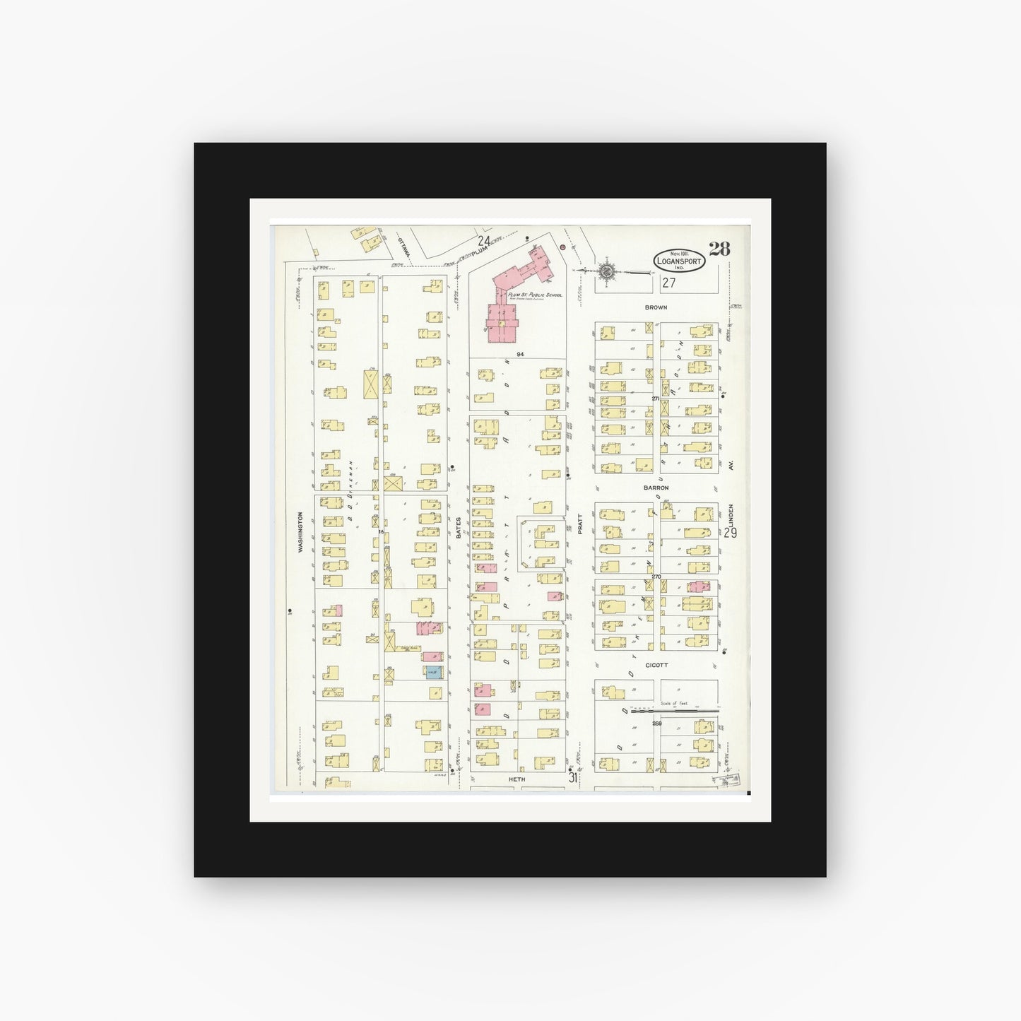 Old map wall art mockup — black gallery frame with white mat — Sanborn Fire Insurance Map from Logansport, Cass County, Indiana (1906), Sheet #0028