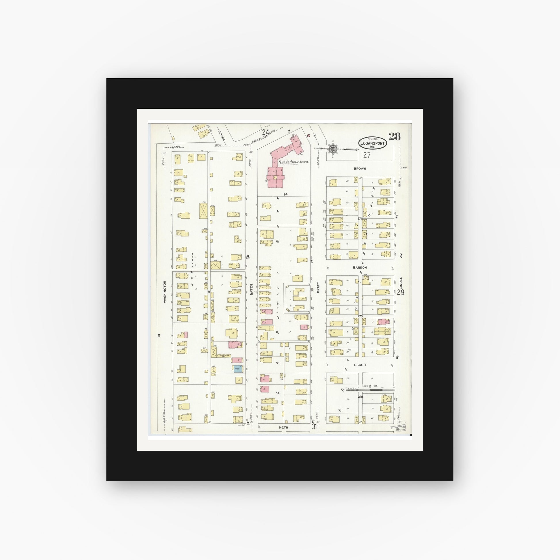 Old map wall art mockup — black gallery frame with white mat — Sanborn Fire Insurance Map from Logansport, Cass County, Indiana (1906), Sheet #0028