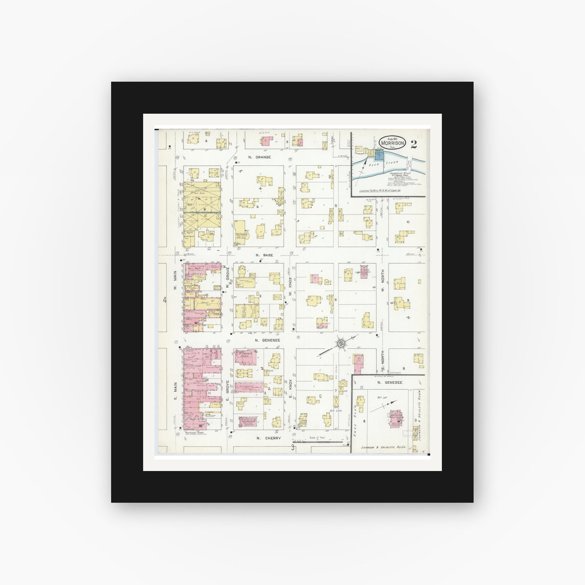 Old map wall art mockup — black gallery frame with white mat — Sanborn Fire Insurance Map from Morrison, Whiteside County, Illinois (1912), Sheet #0002
