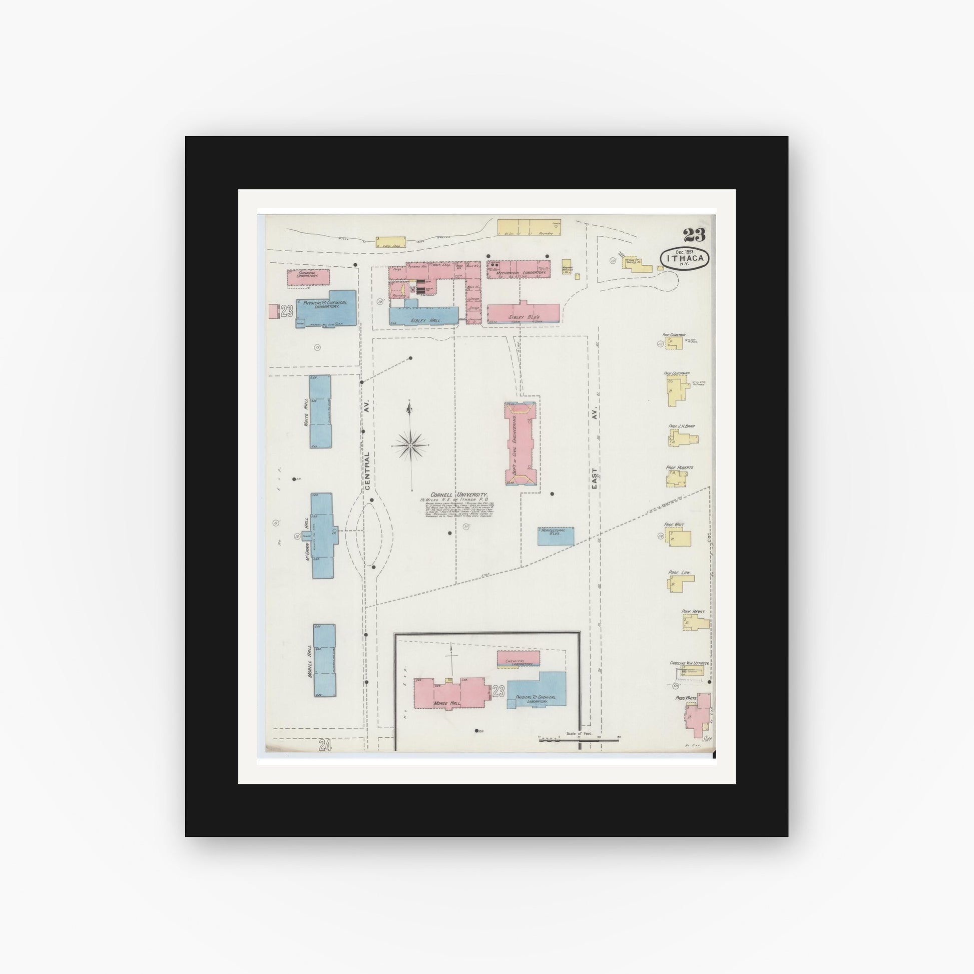 Old map wall art mockup — black gallery frame with white mat — Sanborn Fire Insurance Map from Ithaca, Tompkins County, New York (1893), Sheet #0023