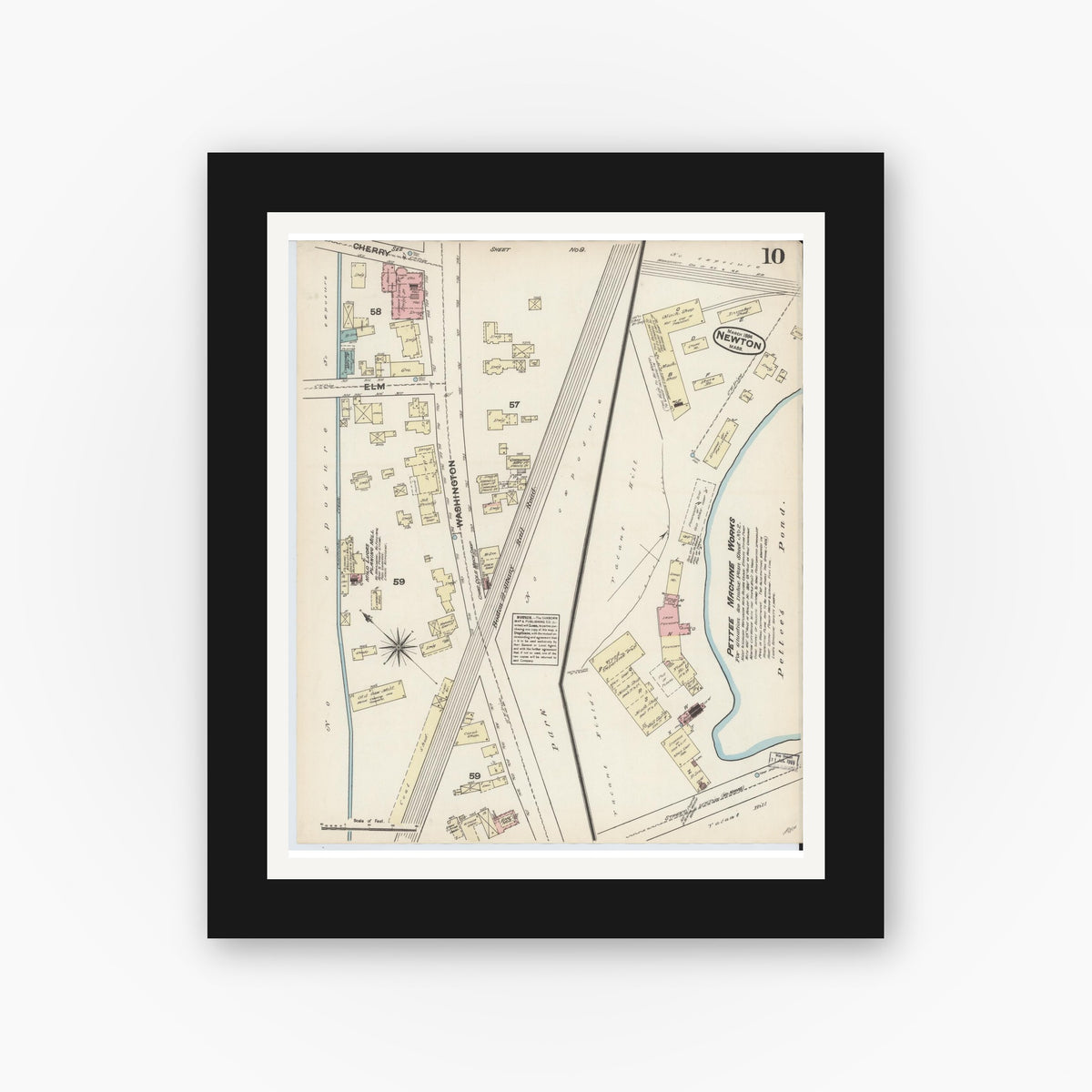 Old map wall art mockup — black gallery frame with white mat — Sanborn Fire Insurance Map from Newton, Middlesex County, Massachusetts (1884), Sheet #0010