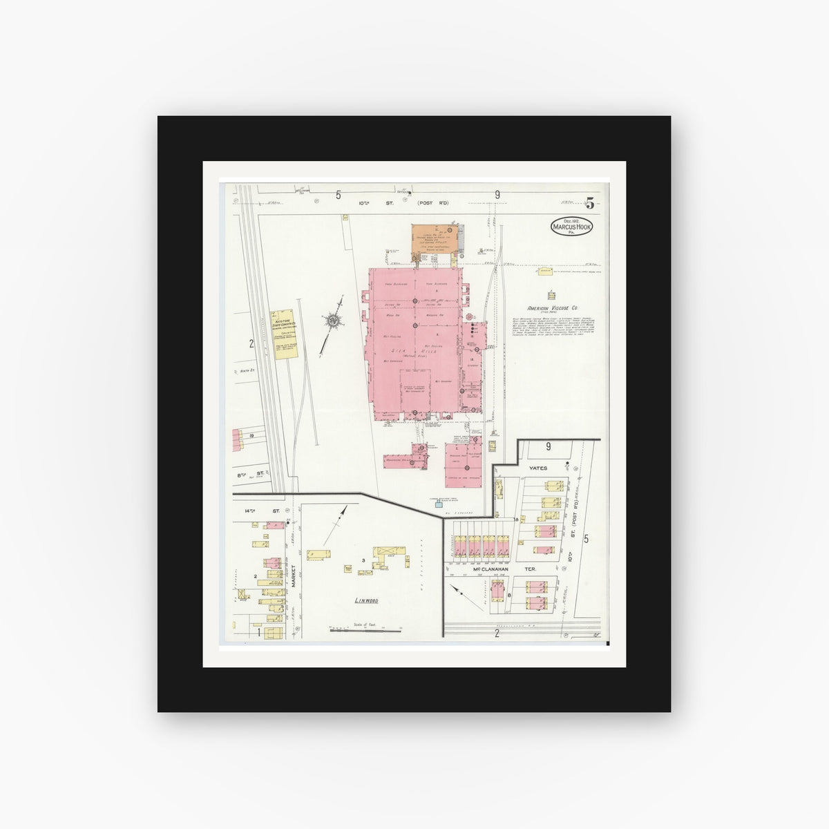 Old map wall art mockup — black gallery frame with white mat — Sanborn Fire Insurance Map from Marcus Hook, Chester County, Pennsylvania (1912), Sheet #0005
